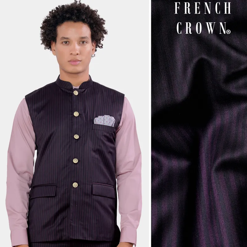 Bleached Purple Striped and Antique Brown Wool Rich Nehru Jacket sold by French Crown