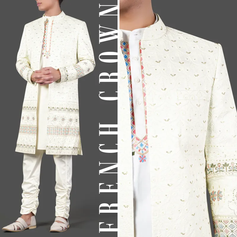 Merino Cream Multicolour Thread and Sequin Embroidered Indo-Western Sherwani sold by French Crown