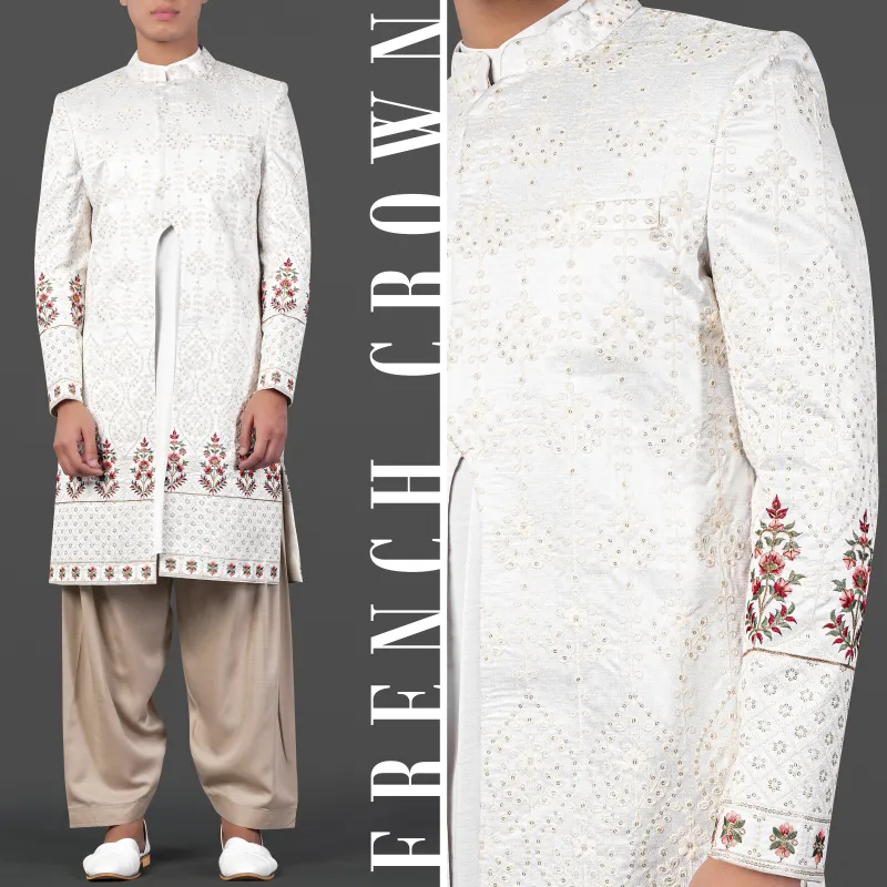 Merino Cream and Merlot Red Multicolour Thread and Sequin Embroidered Indo-Western Sherwani sold by French Crown