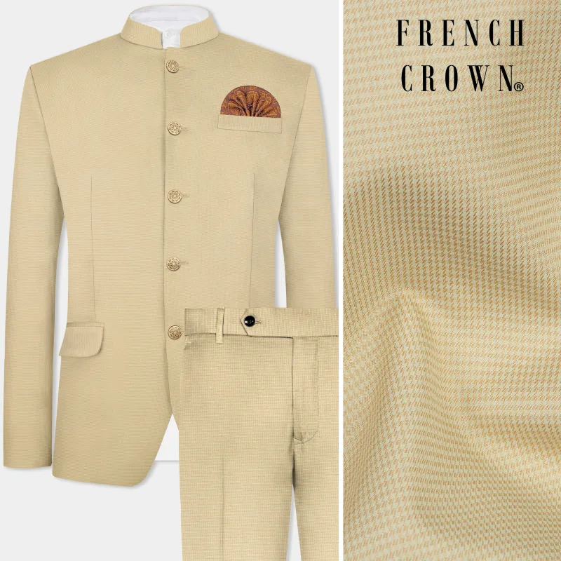 Hampton Cream Houndstooth Textured Wool Rich Bandhgala Suit sold by French Crown