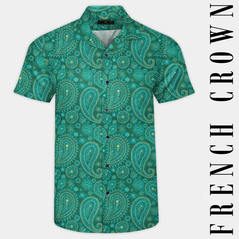 Viridian Green Paisley Printed Super Soft Premium Cotton Shirt made by French Crown