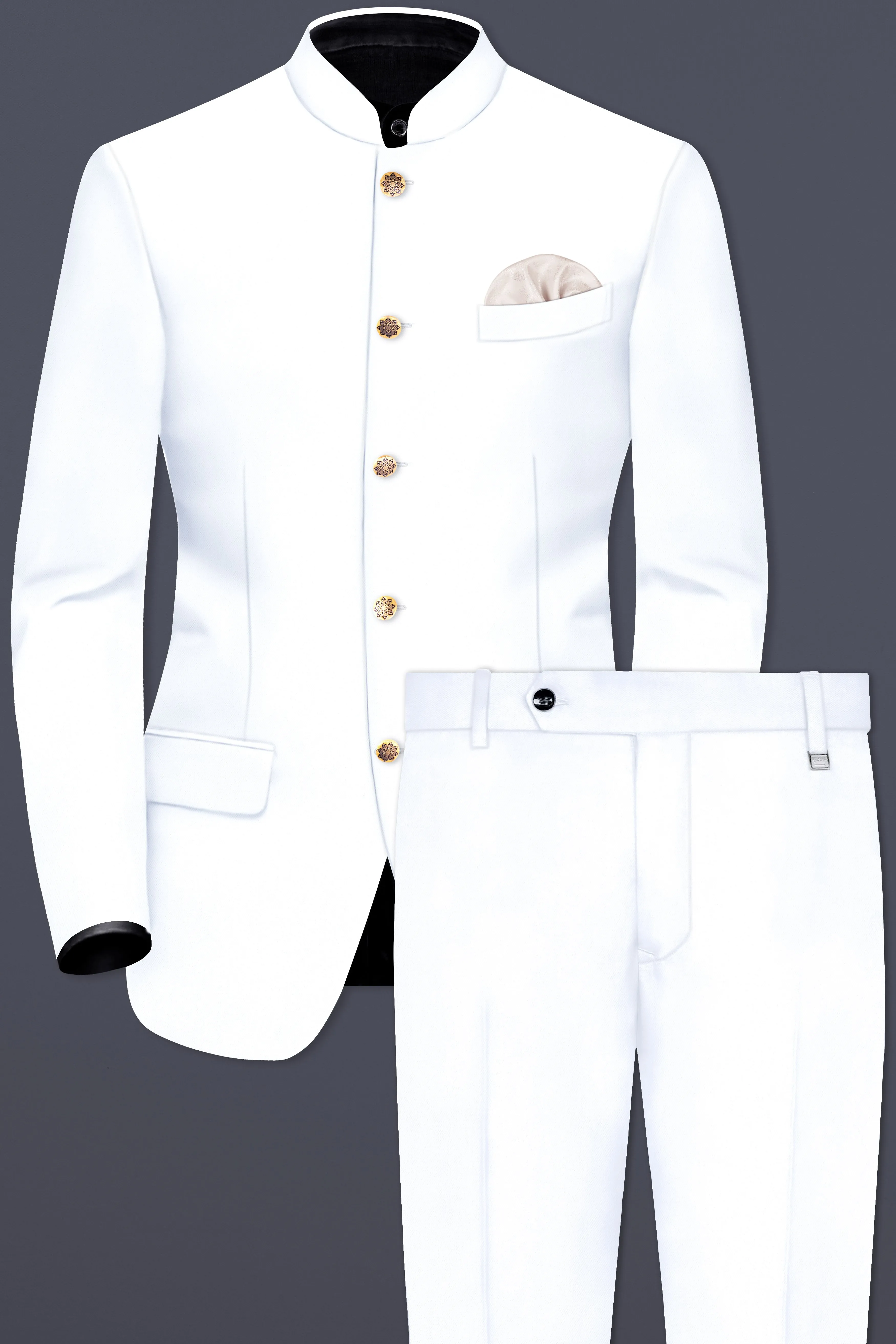 Bright White Stretchable Subtle Sheen BANDHGALA/MANDARIN SUIT sold by French Crown product image thumbnail 2