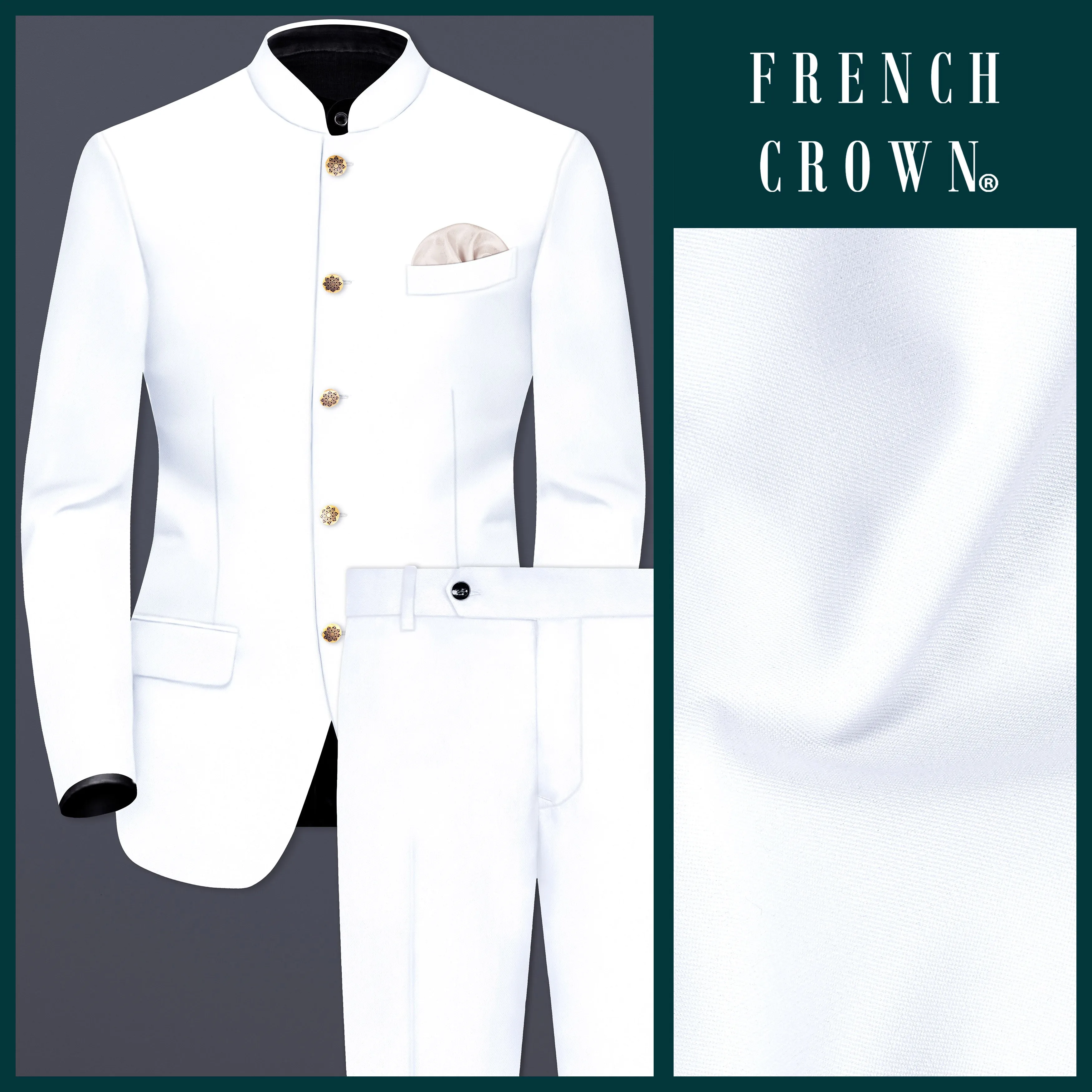 Bright White Stretchable Subtle Sheen BANDHGALA/MANDARIN SUIT sold by French Crown