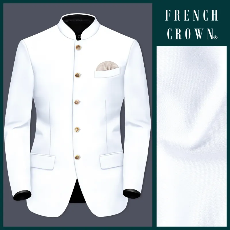 Bright White Stretchable Subtle Sheen Bandhgala/Mandarin Blazer sold by French Crown