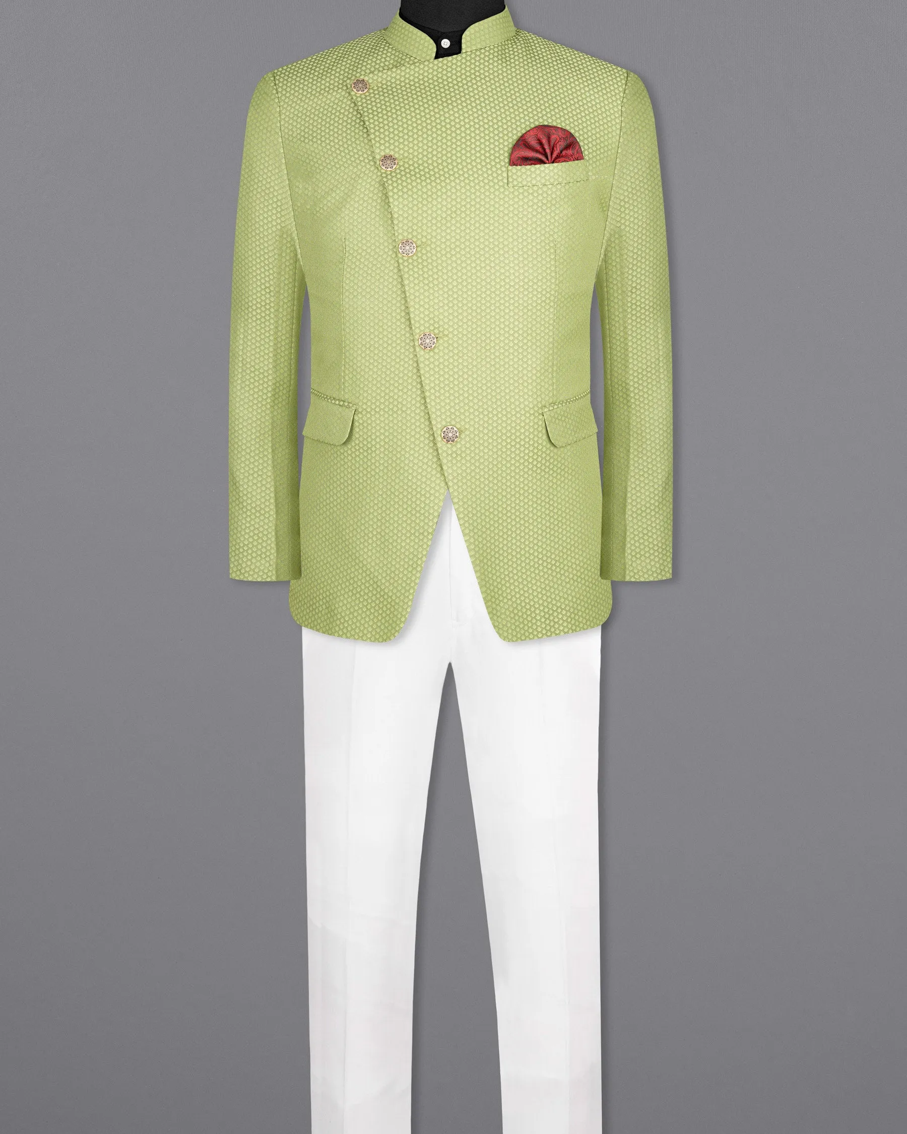 Olivine Green Cross Placket Bandhgala Designer Suit sold by French Crown product image thumbnail 4