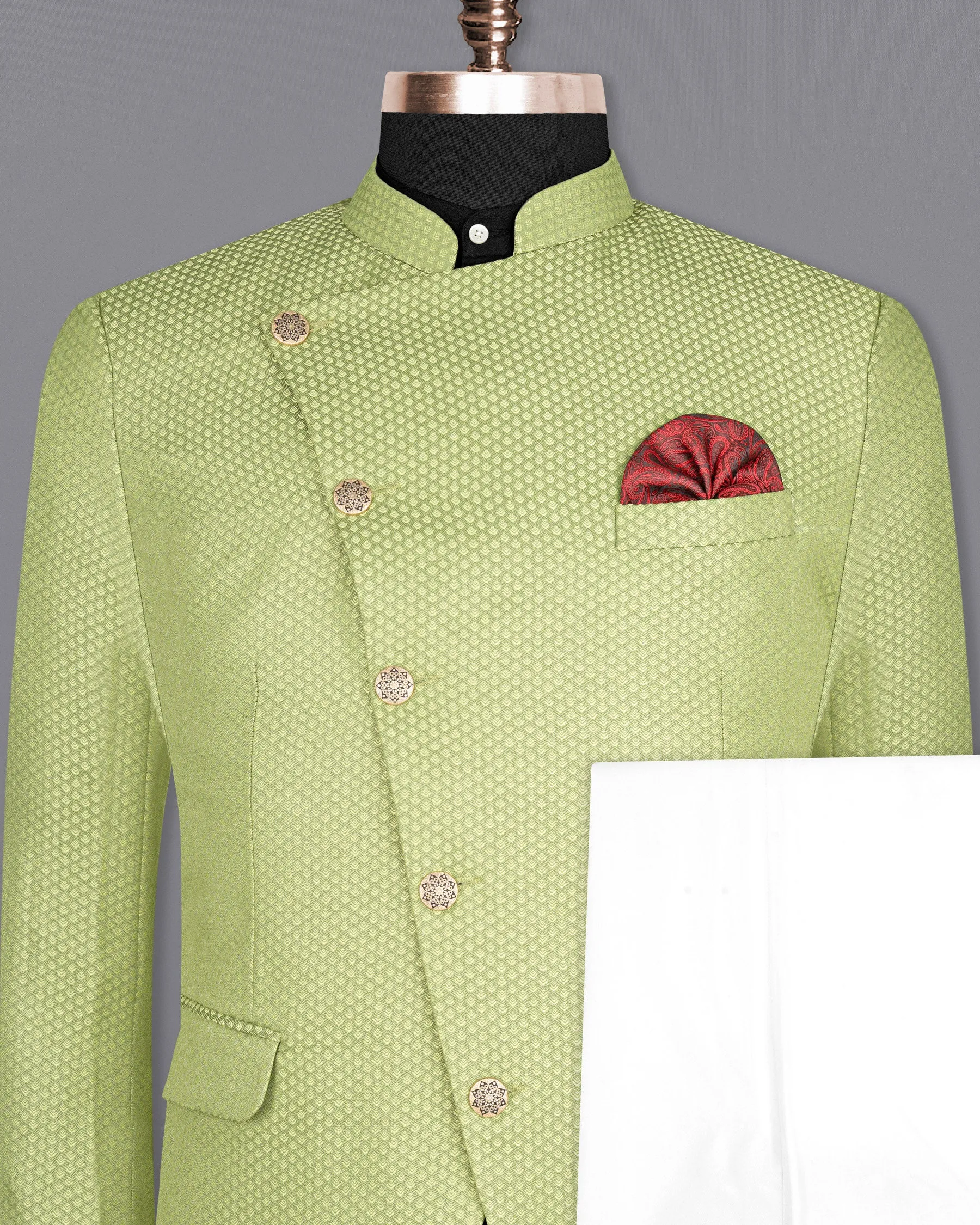 Olivine Green Cross Placket Bandhgala Designer Suit sold by French Crown product image thumbnail 2