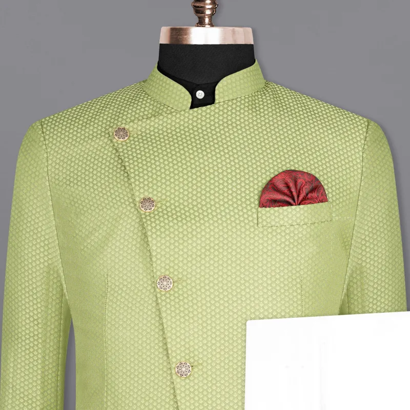 Olivine Green Cross Placket Bandhgala Designer Suit made by French Crown