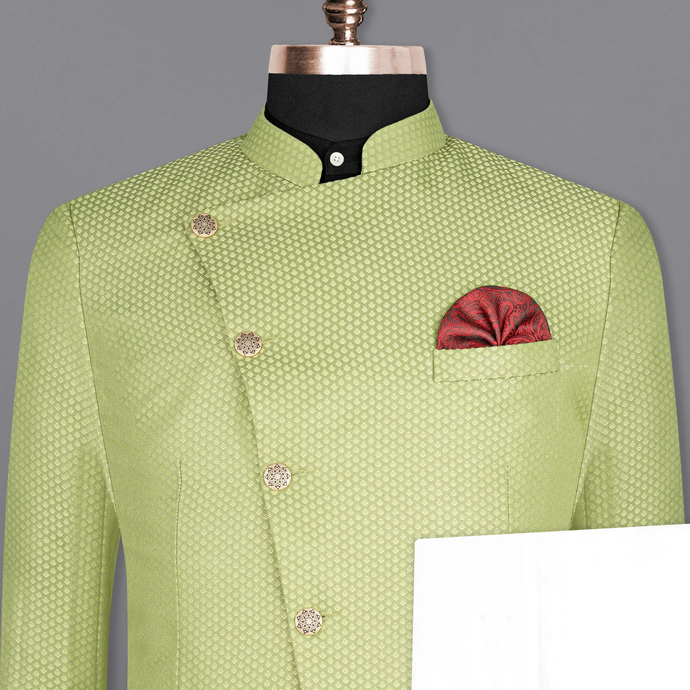 Olivine Green Cross Placket Bandhgala Designer Suit sold by French Crown