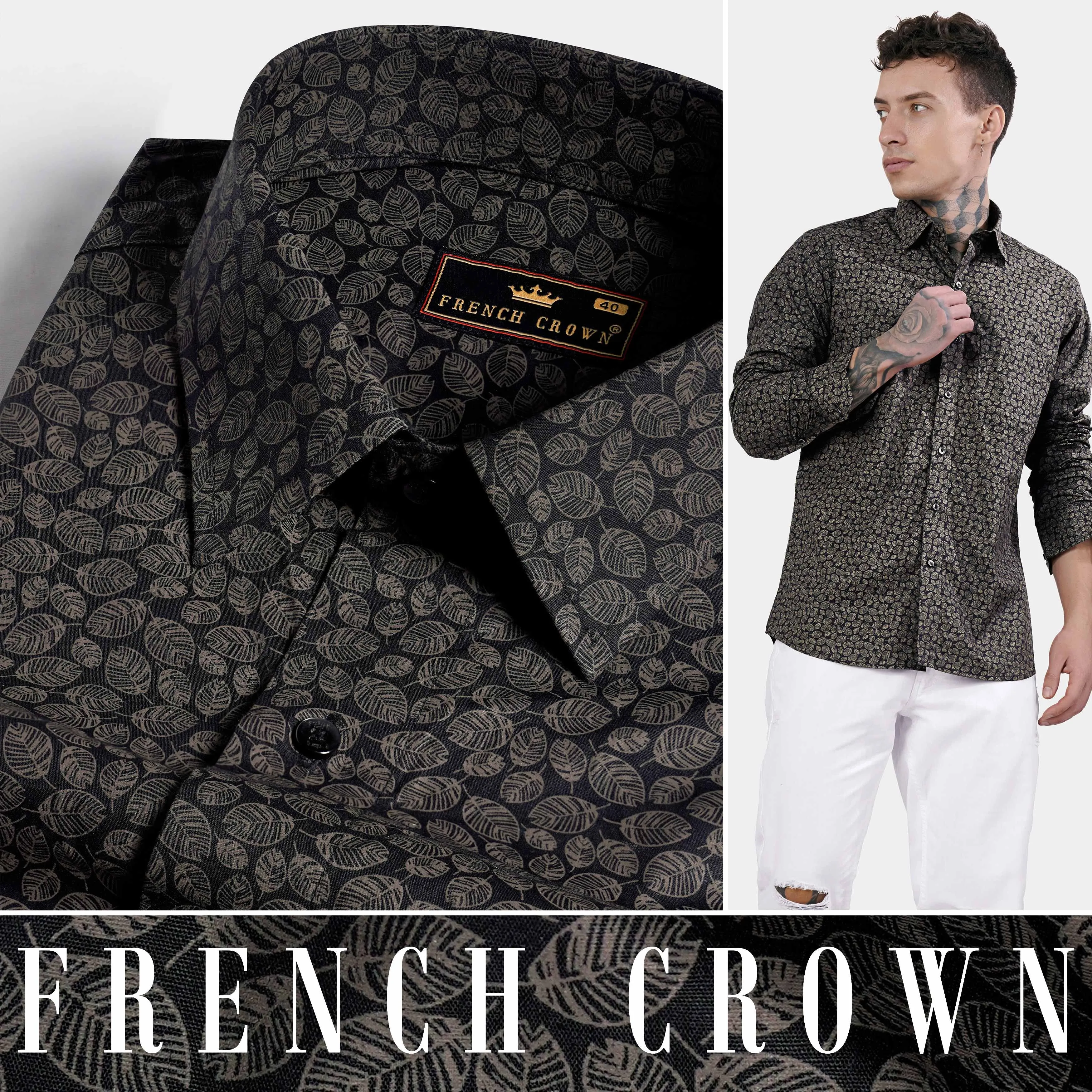 Jade Black and Flint Brown Leaves Printed Premium Cotton Shirt sold by French Crown product image thumbnail 4