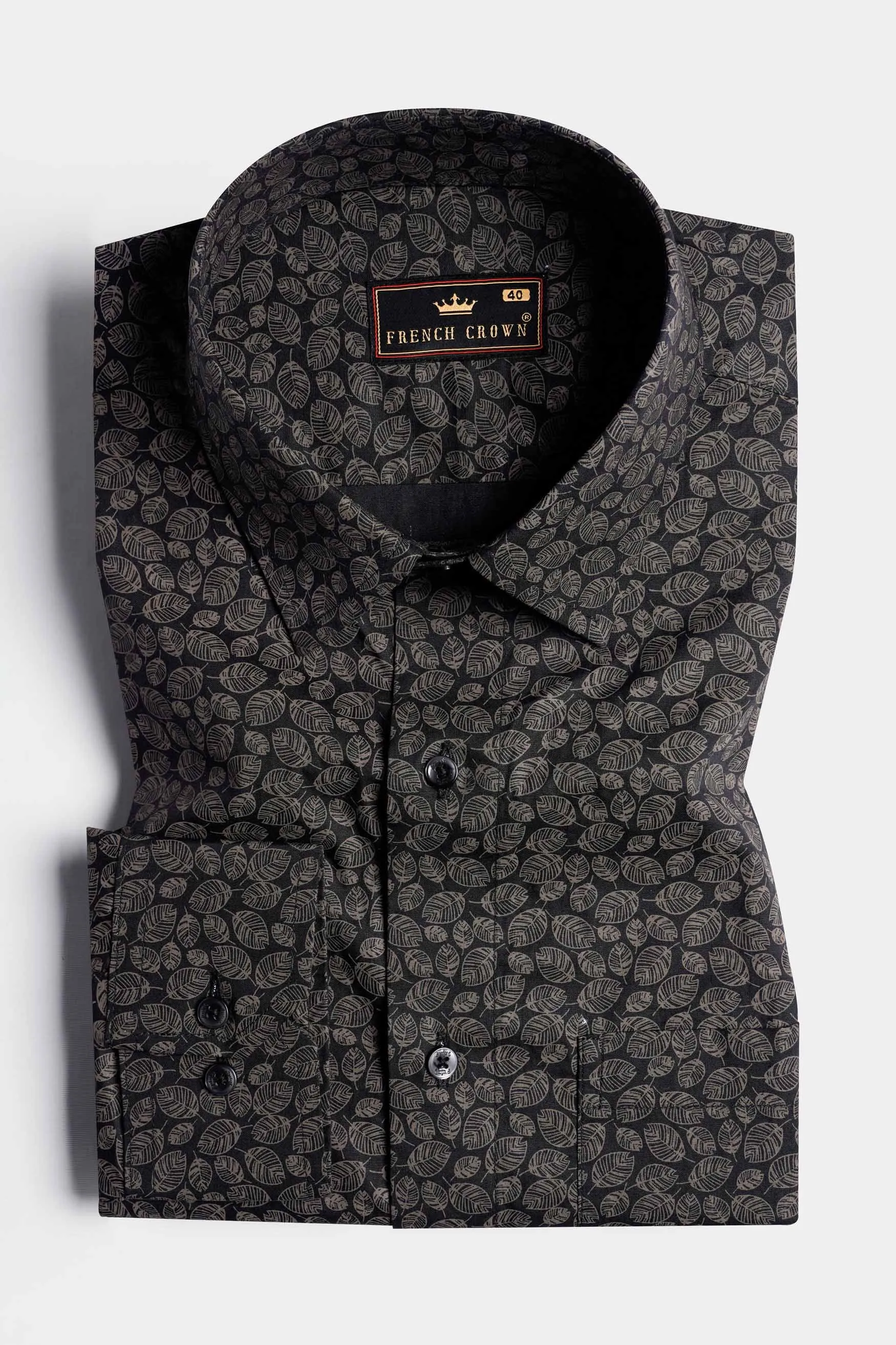Jade Black and Flint Brown Leaves Printed Premium Cotton Shirt sold by French Crown product image thumbnail 3