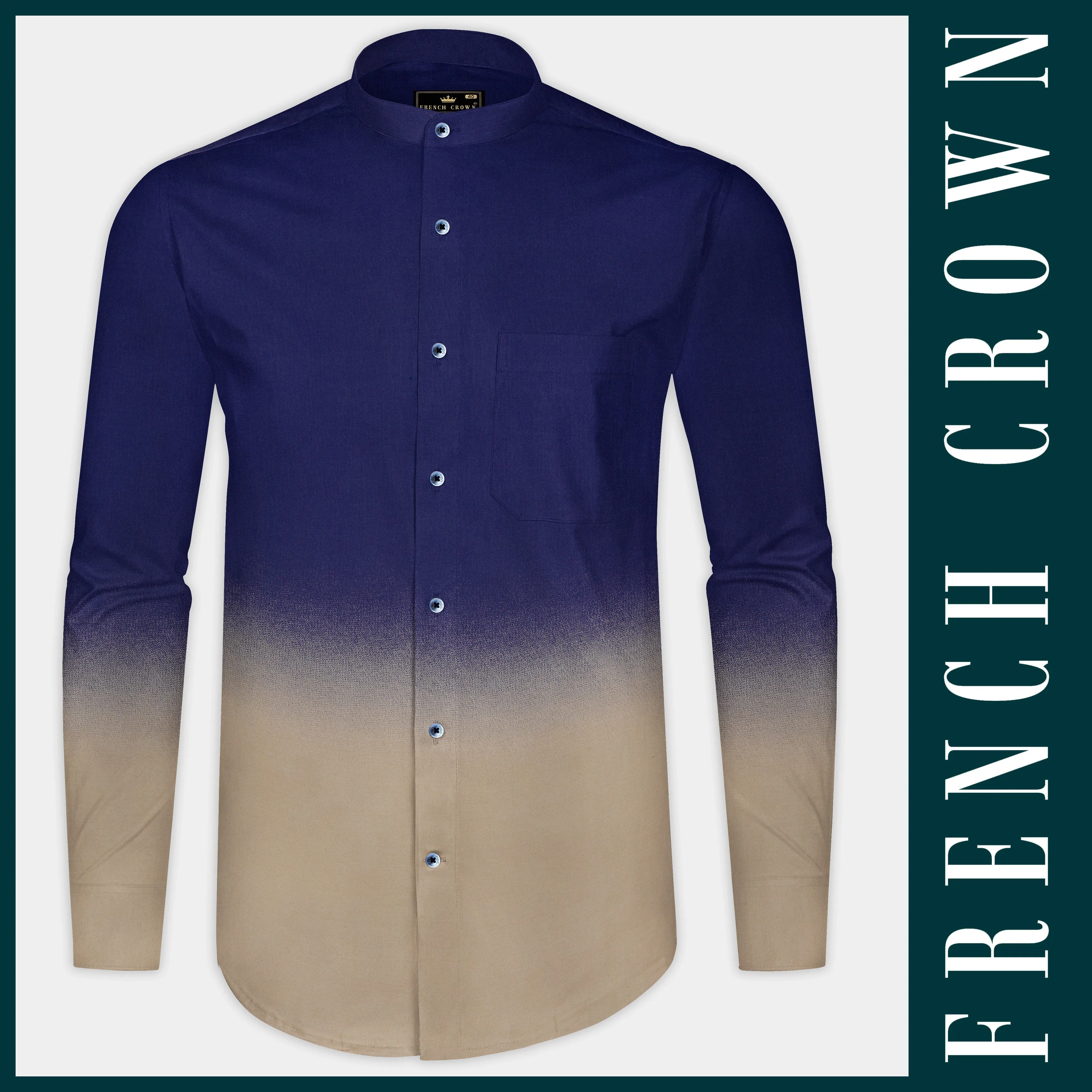 SereneHorizon-Indigo Blue And Sandrift Brown Gradient Printed Subtle Sheen Super Soft Premium Cotton Shirt sold by French Crown