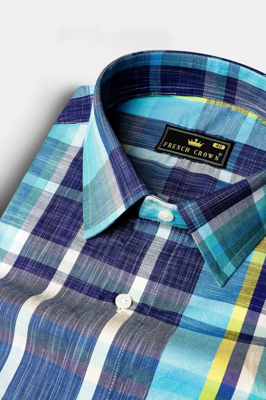 Violent Blue And Citrine Yellow Checked premium Cotton Shirt sold by French Crown