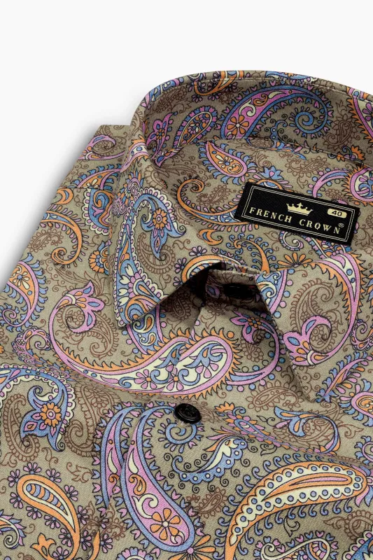 Tallow Cream with Wild Blue and Viola Pin Paisley Printed Super Soft Premium Cotton Shirt made by French Crown