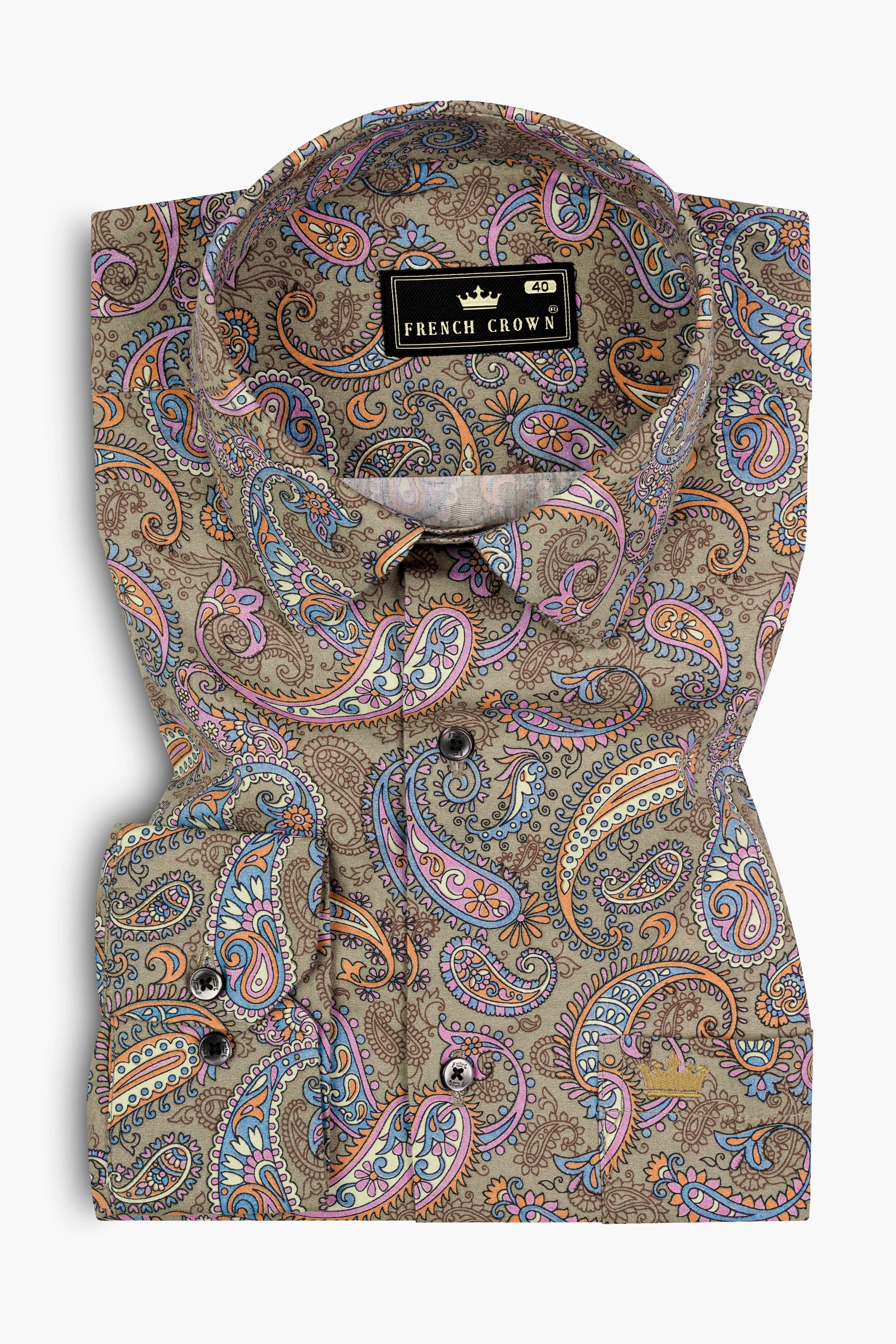 Tallow Cream with Wild Blue and Viola Pin Paisley Printed Super Soft Premium Cotton Shirt sold by French Crown product image thumbnail 3