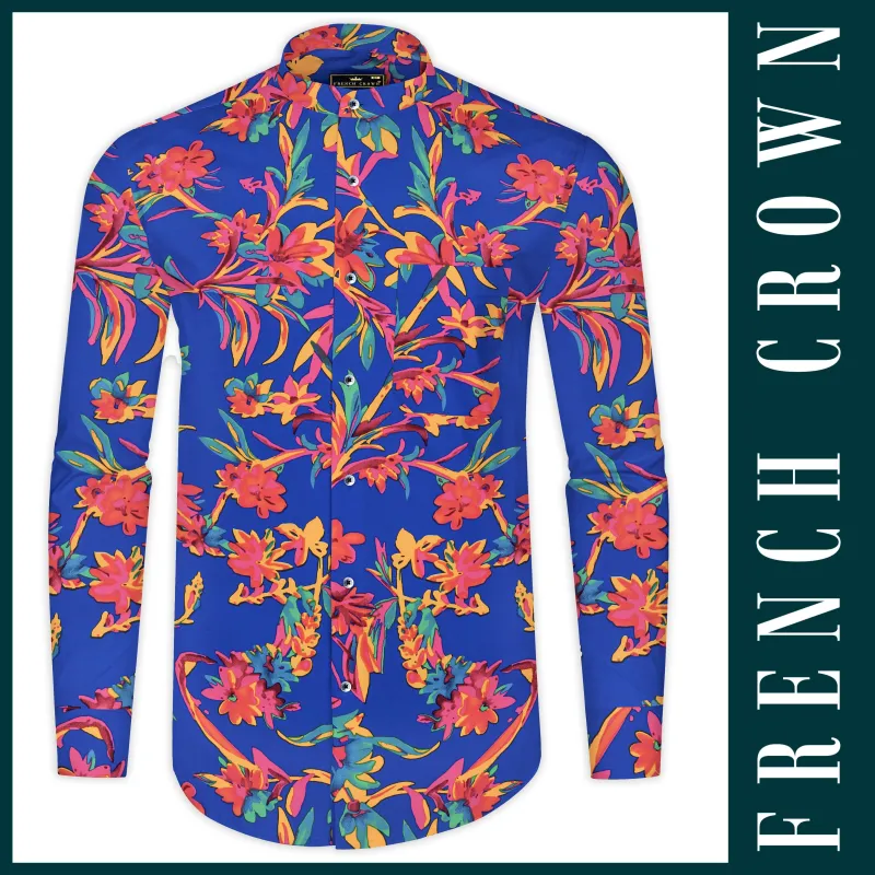Sapphire Blue And Cerise Rose Floral Printed Premium Giza Cotton Shirt sold by French Crown