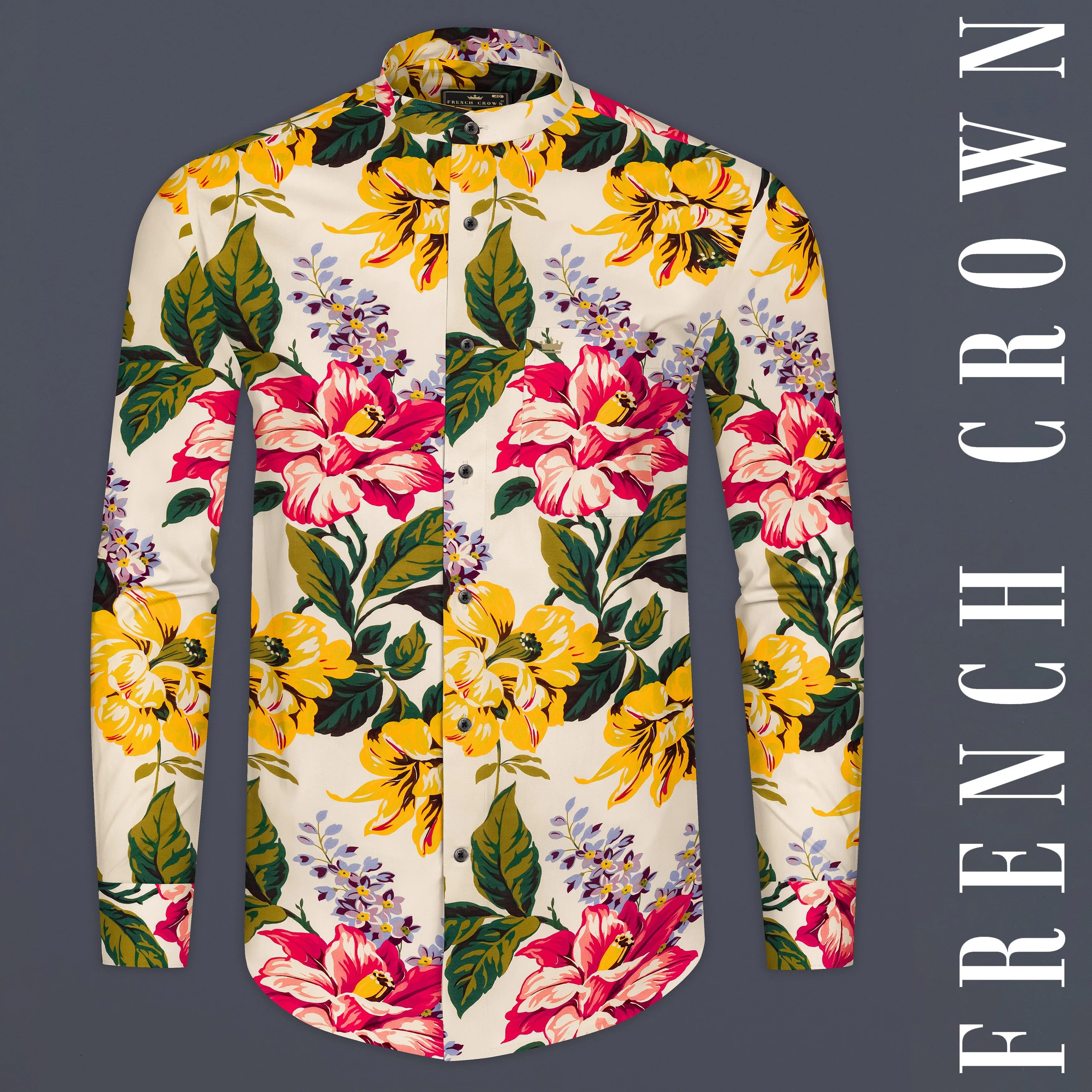 Pearl Bush Cream Multi Color Flower Printed Giza Cotton Shirt sold by French Crown