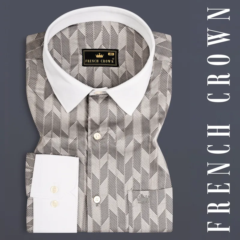 Oyster Gray And Bright White Printed Giza Cotton Shirt sold by French Crown