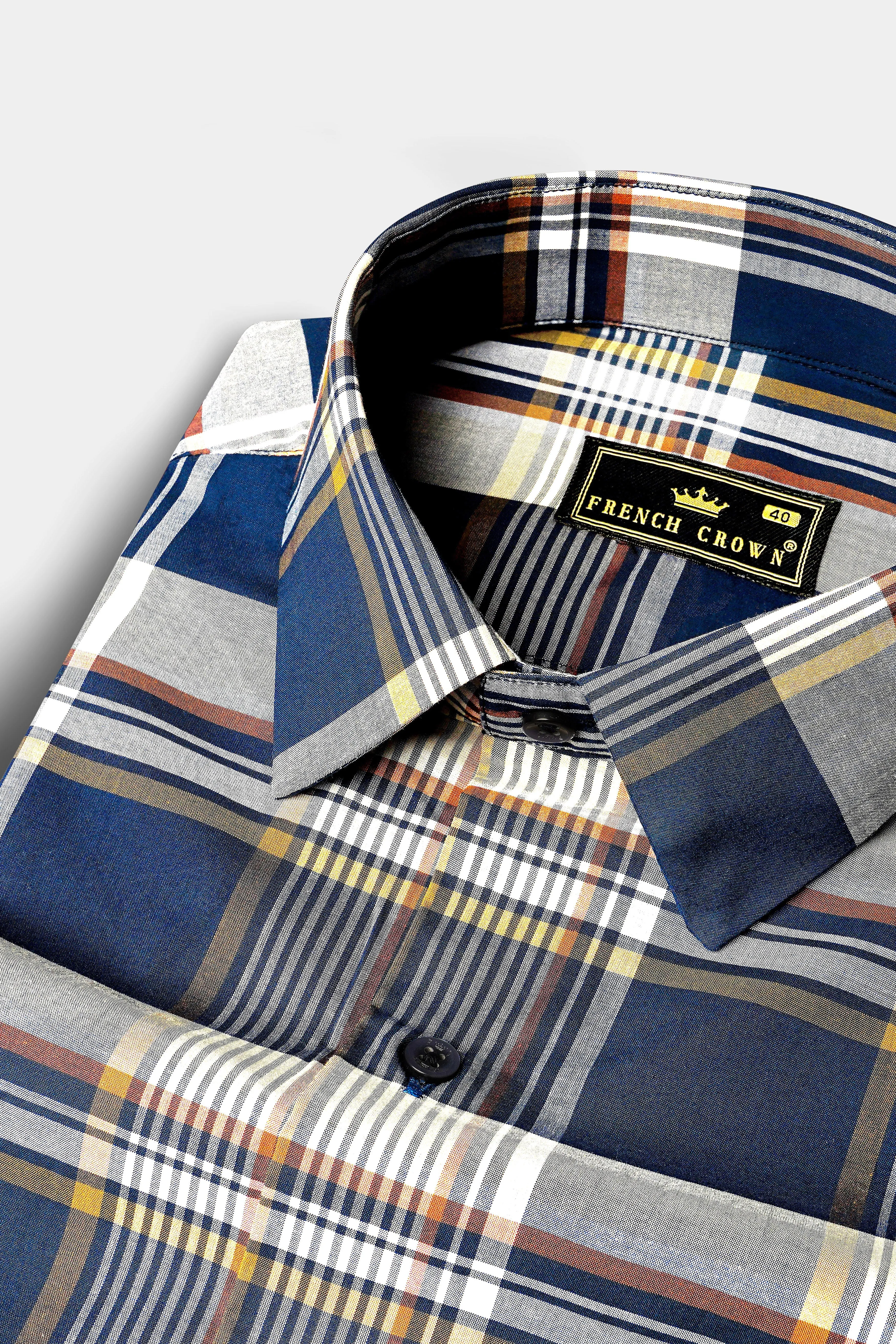 Nile Blue And Iron Gray Plaid Giza Cotton Shirt sold by French Crown