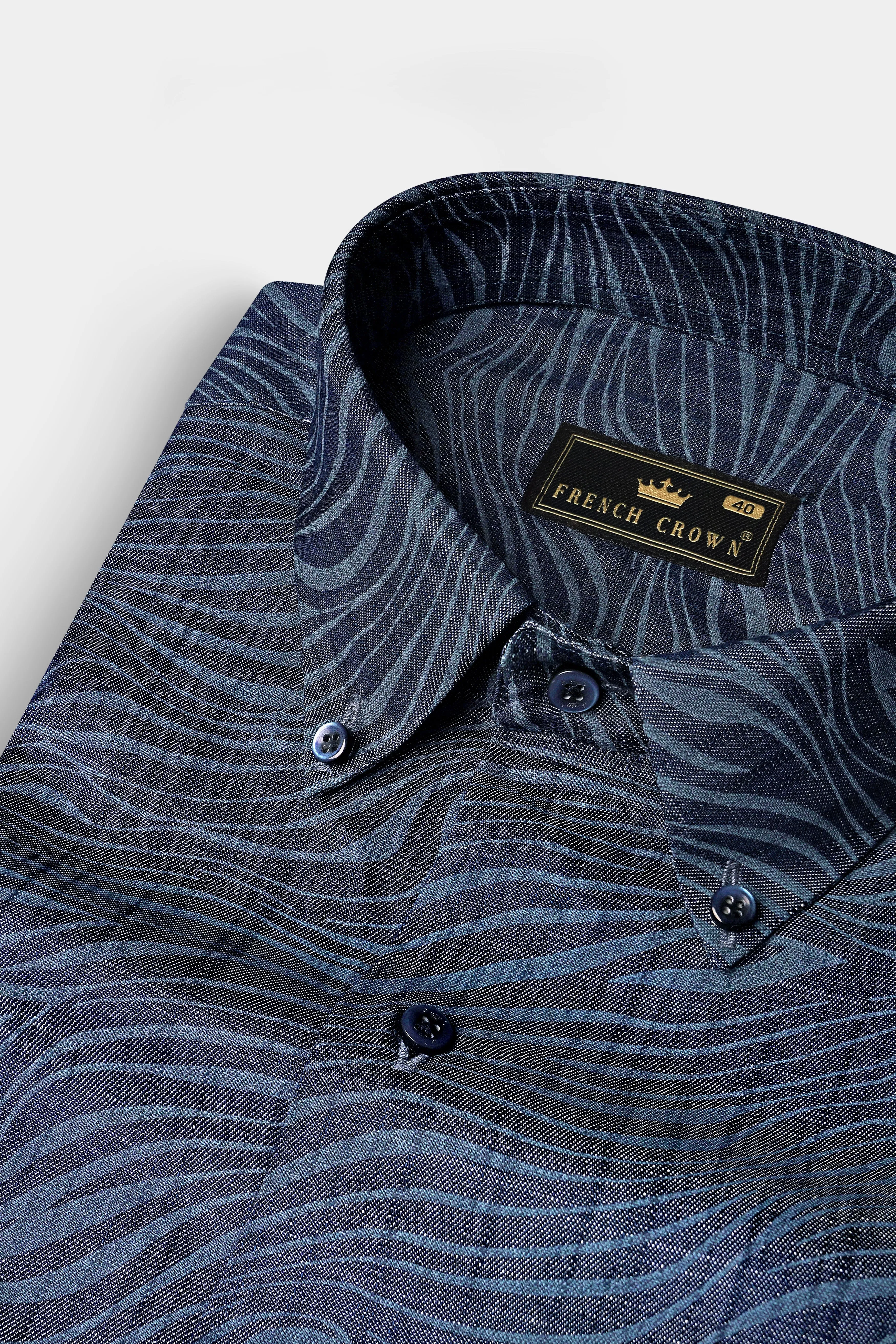 Mirage Blue Printed Chambray Premium Cotton Denim Shirt sold by French Crown product image thumbnail 2