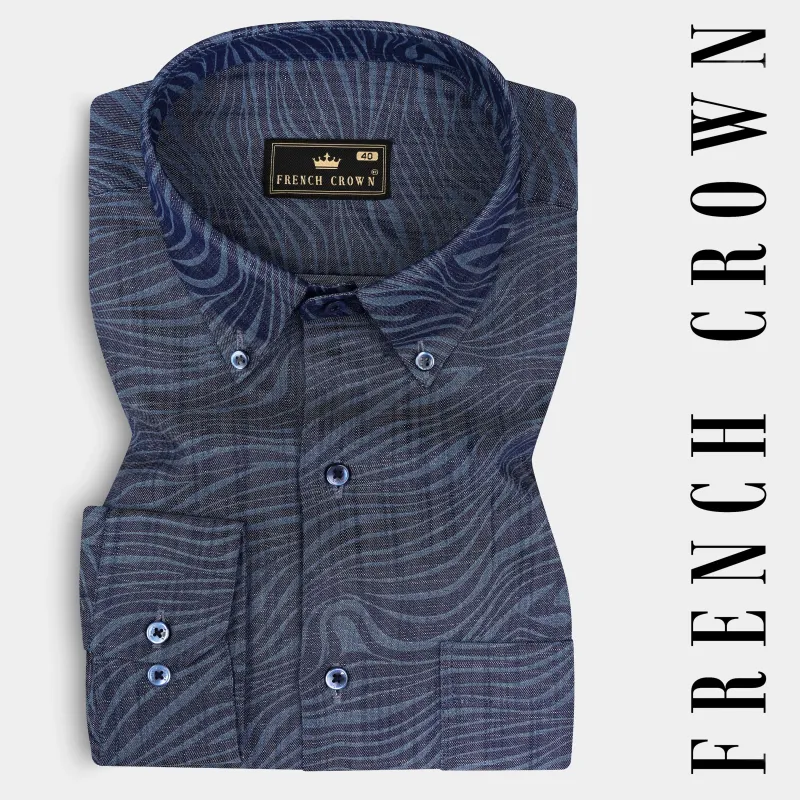 Mirage Blue Printed Chambray Premium Cotton Denim Shirt sold by French Crown