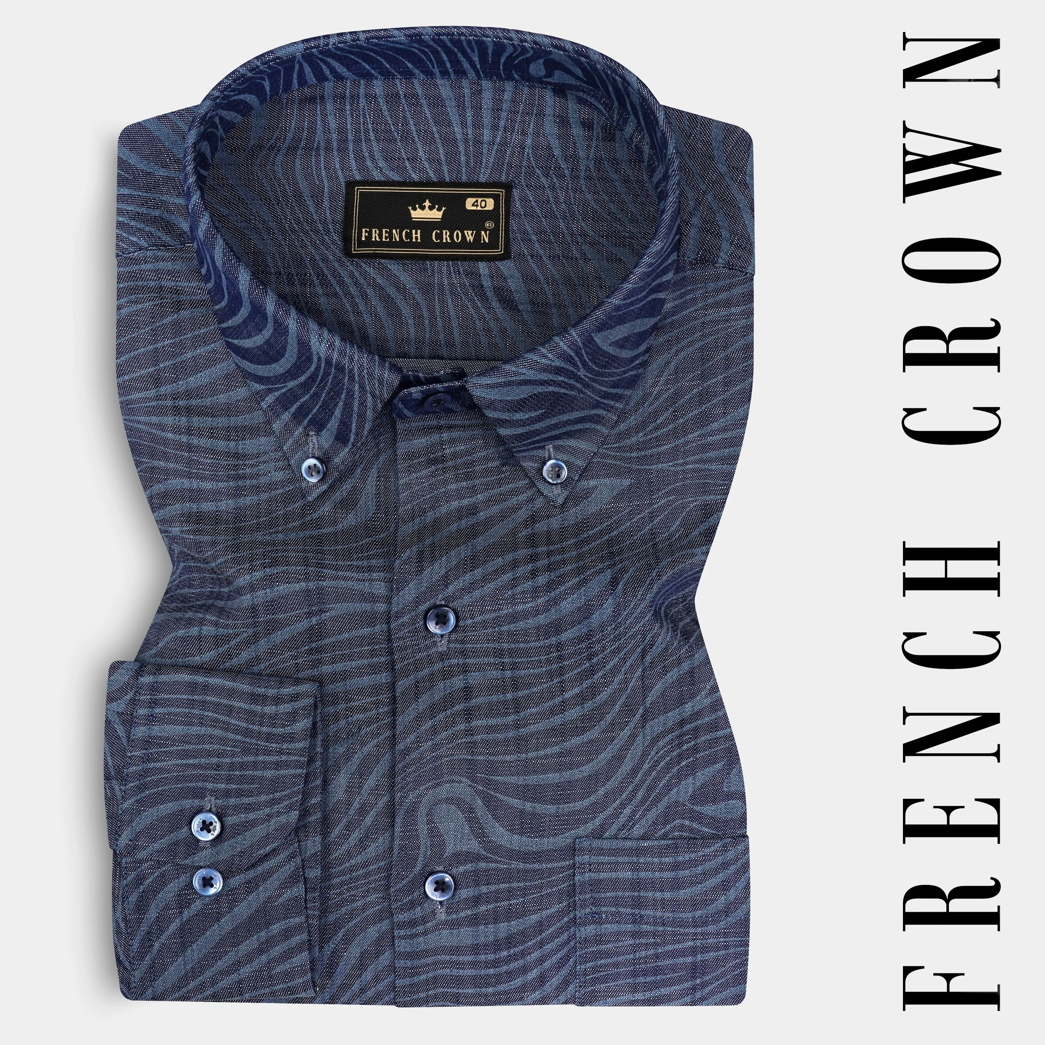 Mirage Blue Printed Chambray Premium Cotton Denim Shirt sold by French Crown