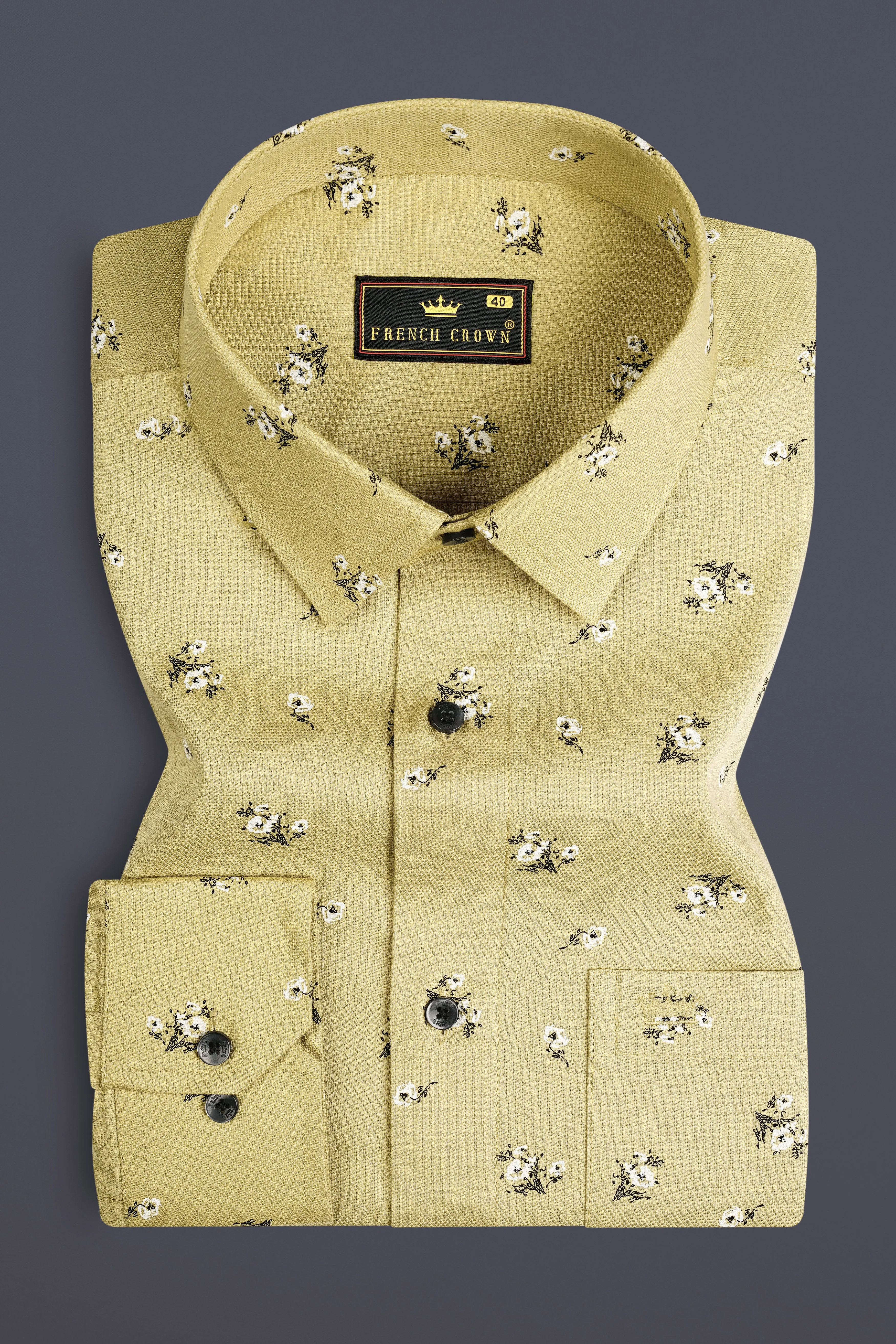 Maize Yellow Flower Printed Dobby Textured Premium Giza Cotton Shirt sold by French Crown product image thumbnail 3