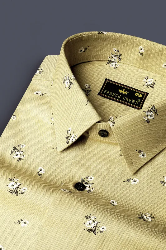 Maize Yellow Flower Printed Dobby Textured Premium Giza Cotton Shirt sold by French Crown