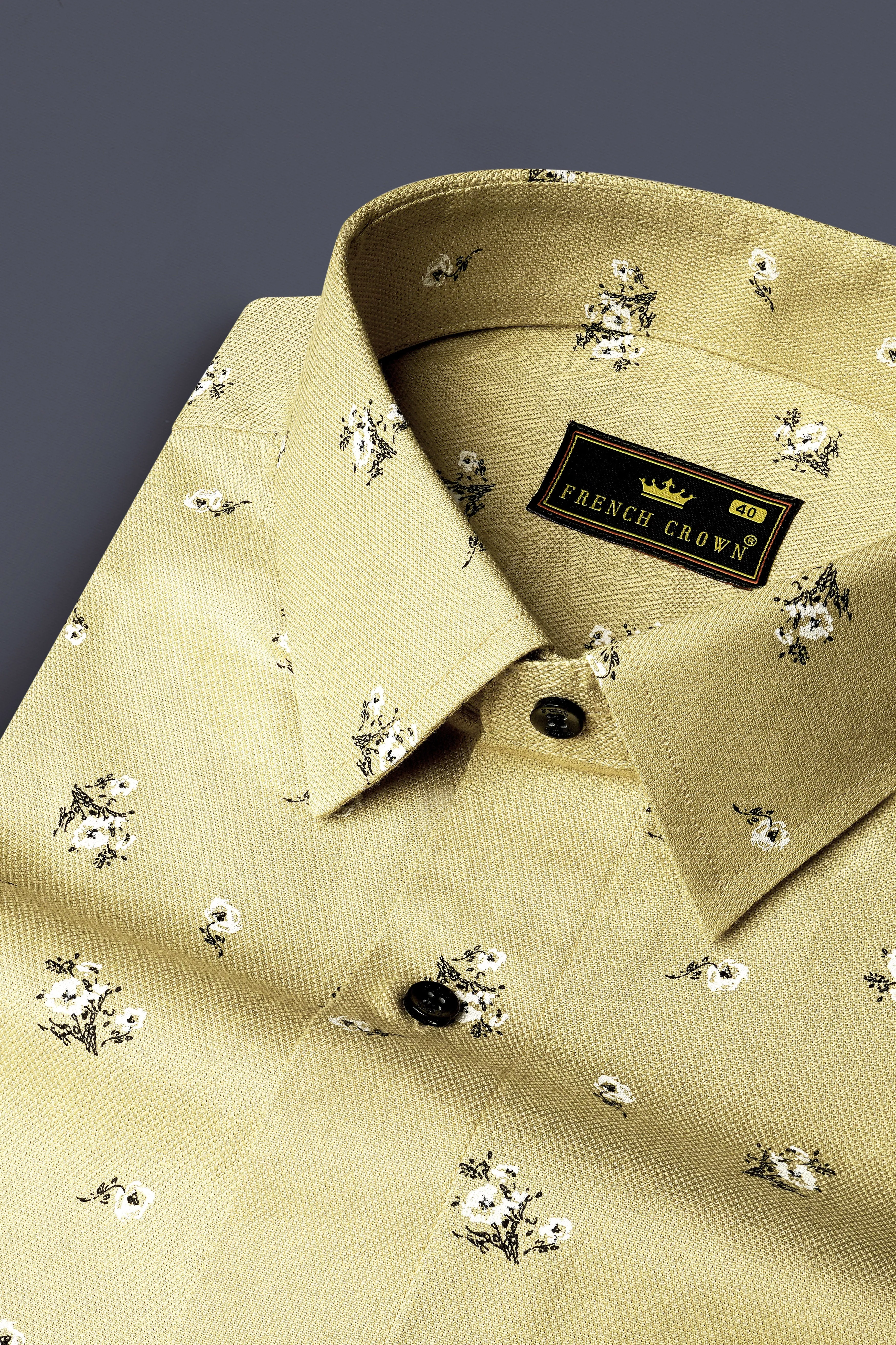 Maize Yellow Flower Printed Dobby Textured Premium Giza Cotton Shirt sold by French Crown