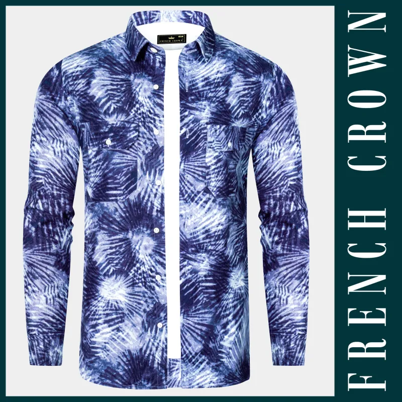 Indigo Blue And Bright White Dry Printed Flannel Overshirt/shacket sold by French Crown