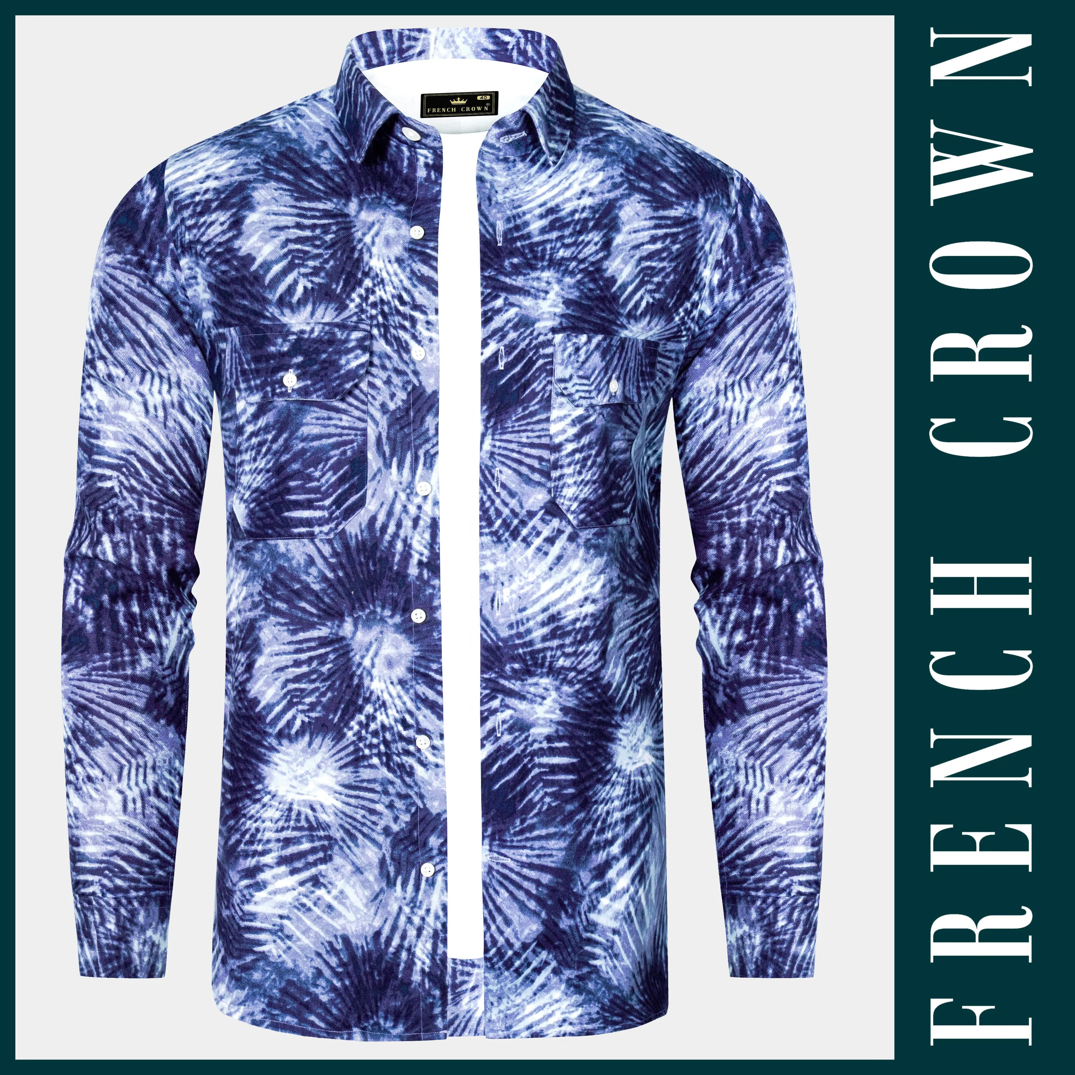 Indigo Blue And Bright White Dry Printed Flannel Overshirt/shacket sold by French Crown