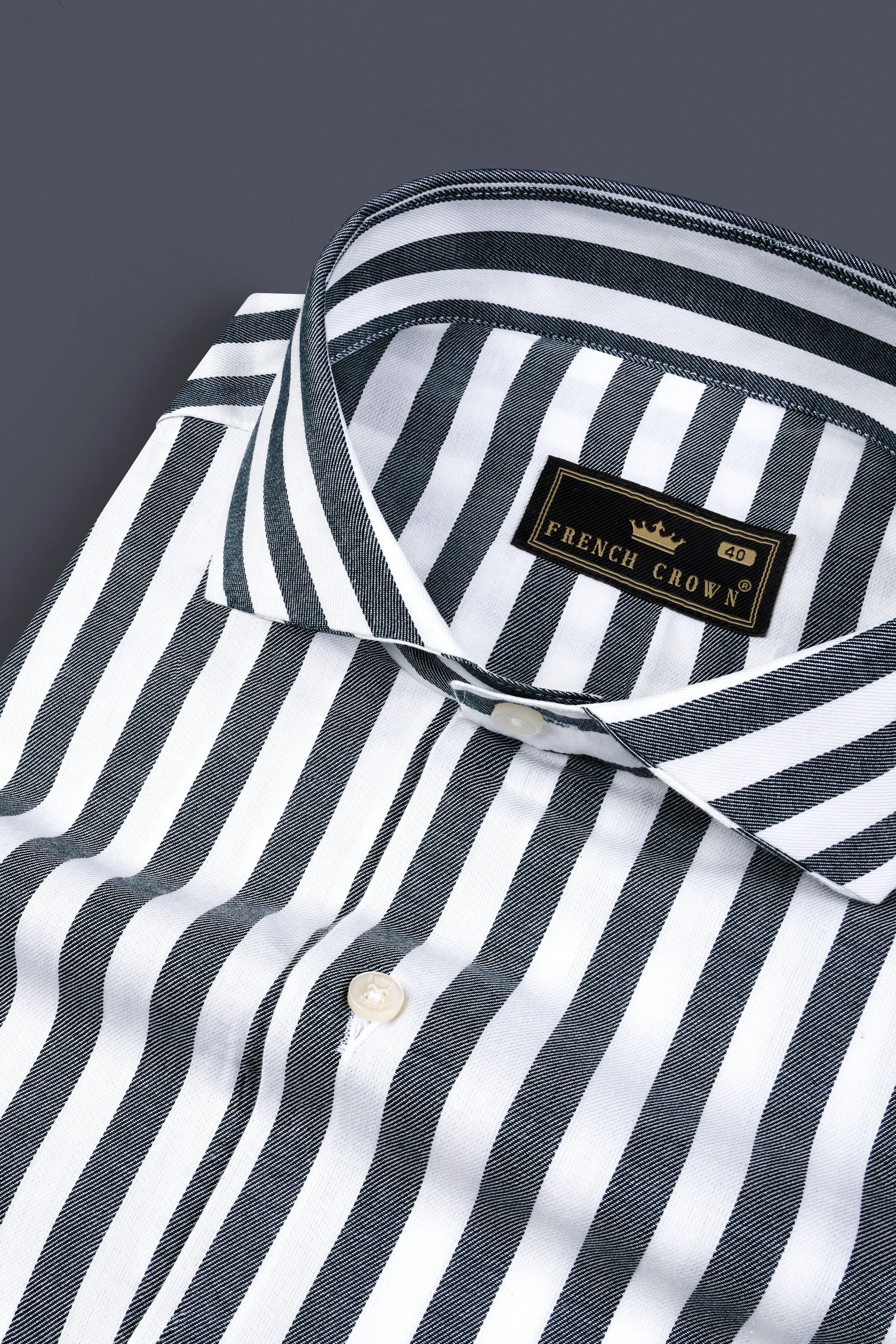 Iridium Gray And Bright White Twill Striped Cotton Shirt sold by French Crown