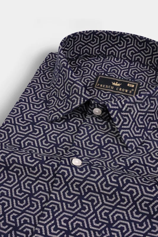 Haiti Blue with Pastel Gray Printed Chambray Cotton Shirt sold by French Crown