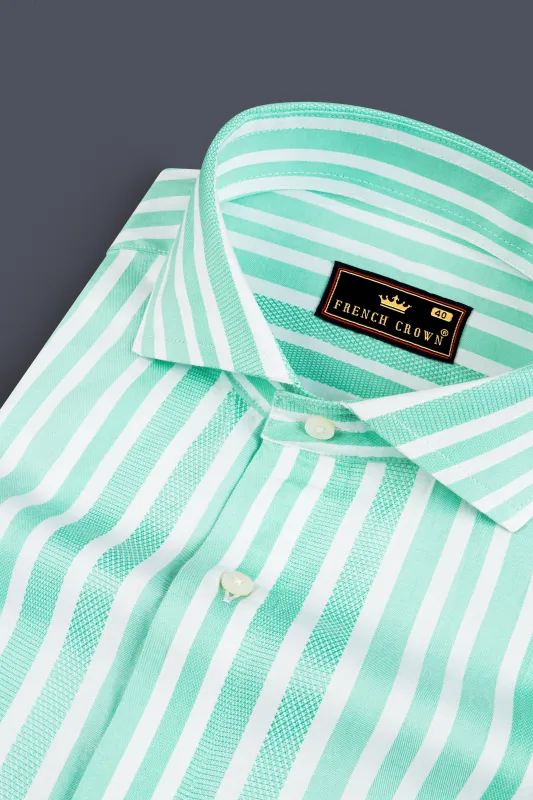 Fringy Green And Bright White Striped Dobby Textured Premium Giza Cotton Shirt sold by French Crown