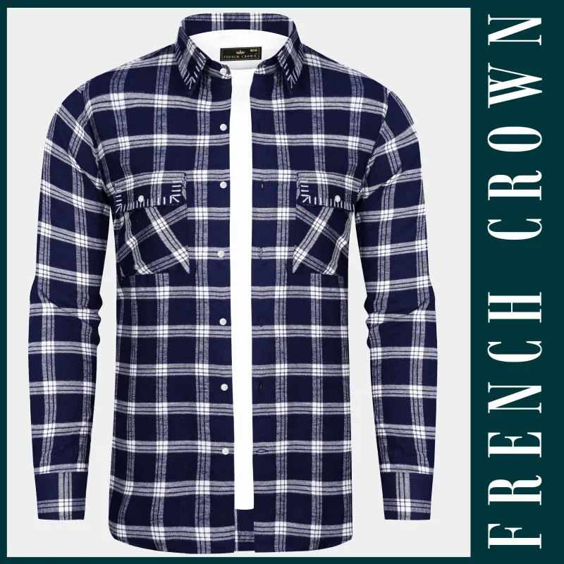 Fiord Blue And Bright White Plaid Flannel Premium Cotton Designer Overshirt/shacket sold by French Crown