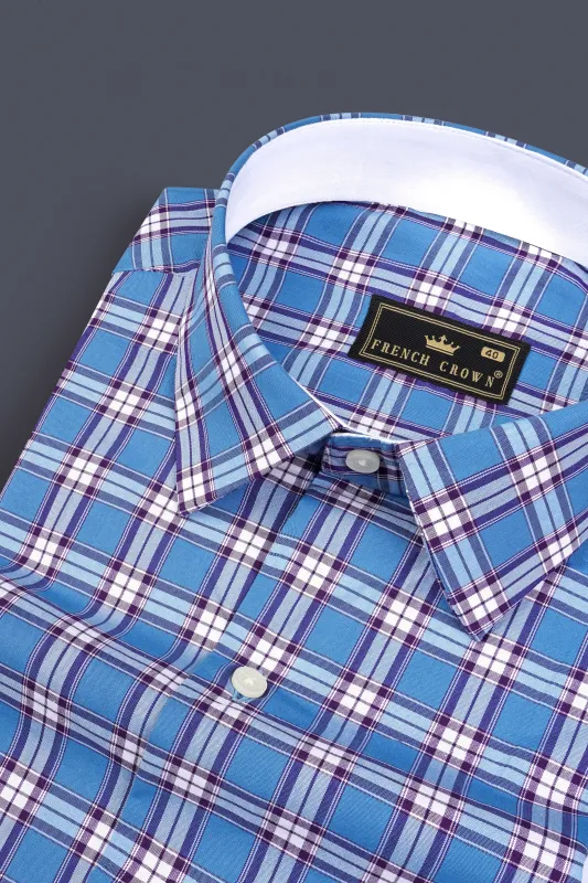 Celestial Blue Checks Plaid Premium Giza Cotton Shirt sold by French Crown
