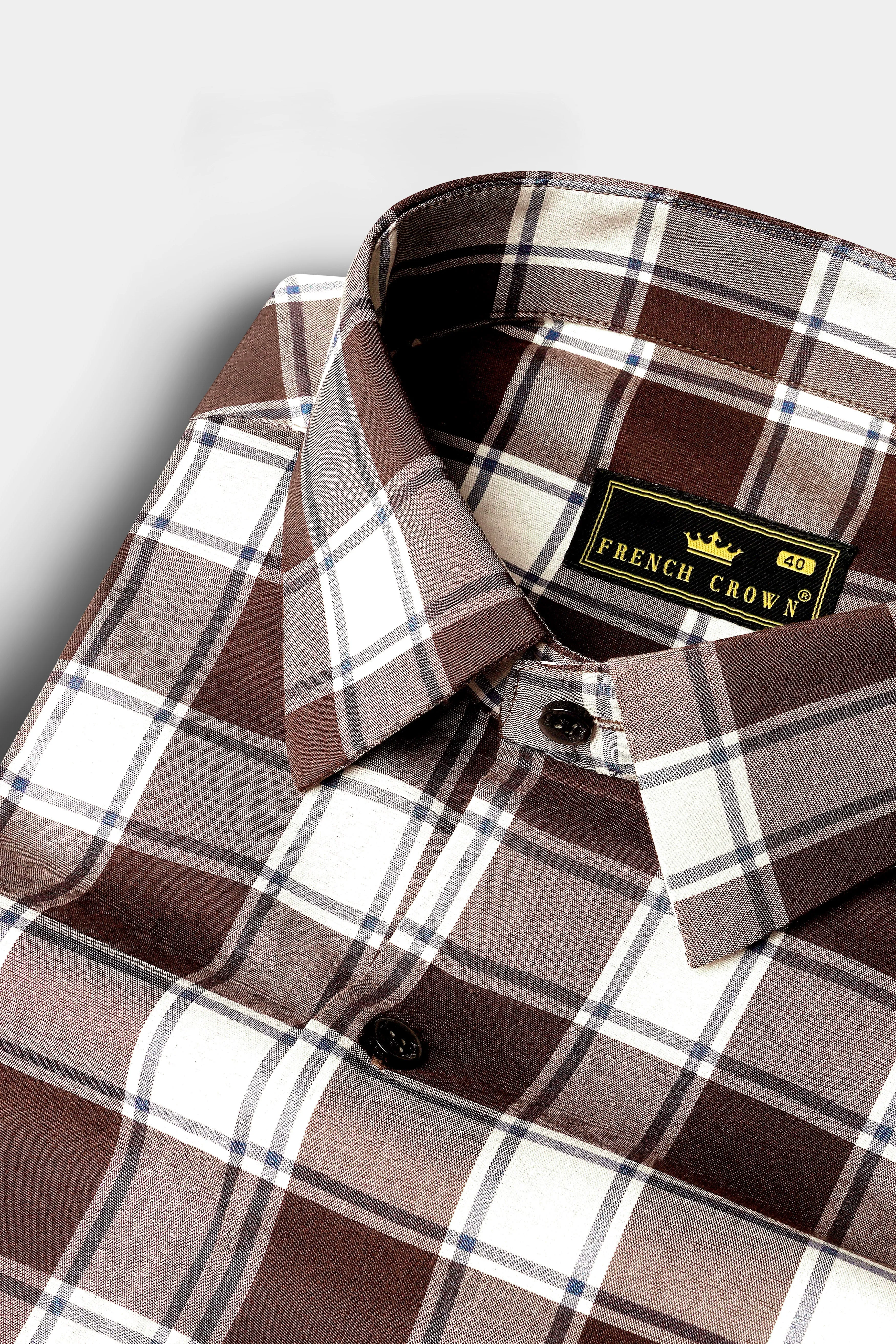 Café Noir And Bright White Plaid Giza Cotton Shirt sold by French Crown