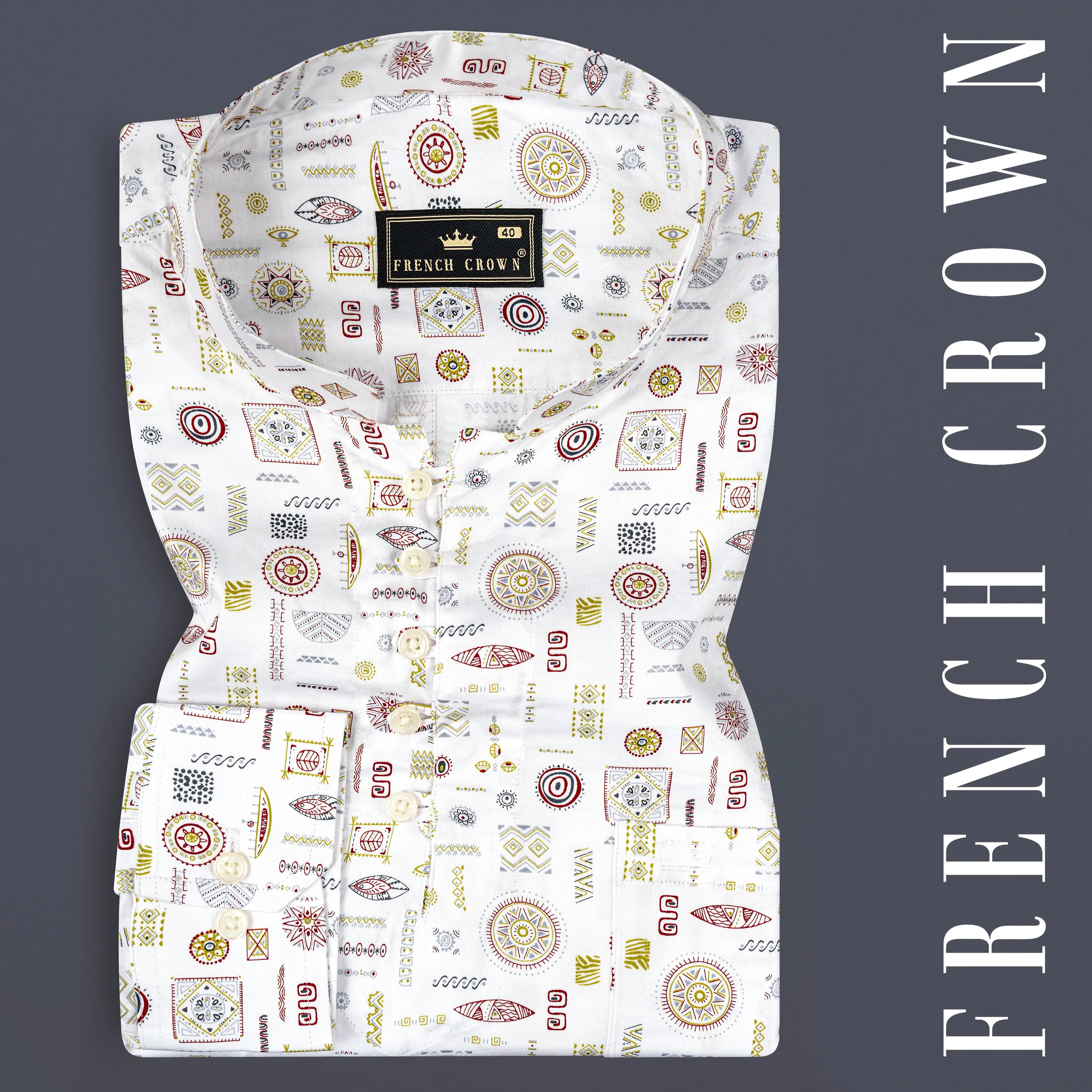 Bright White Multi Colour Prints Subtle Sheen Super Soft Premium Cotton Shirt sold by French Crown