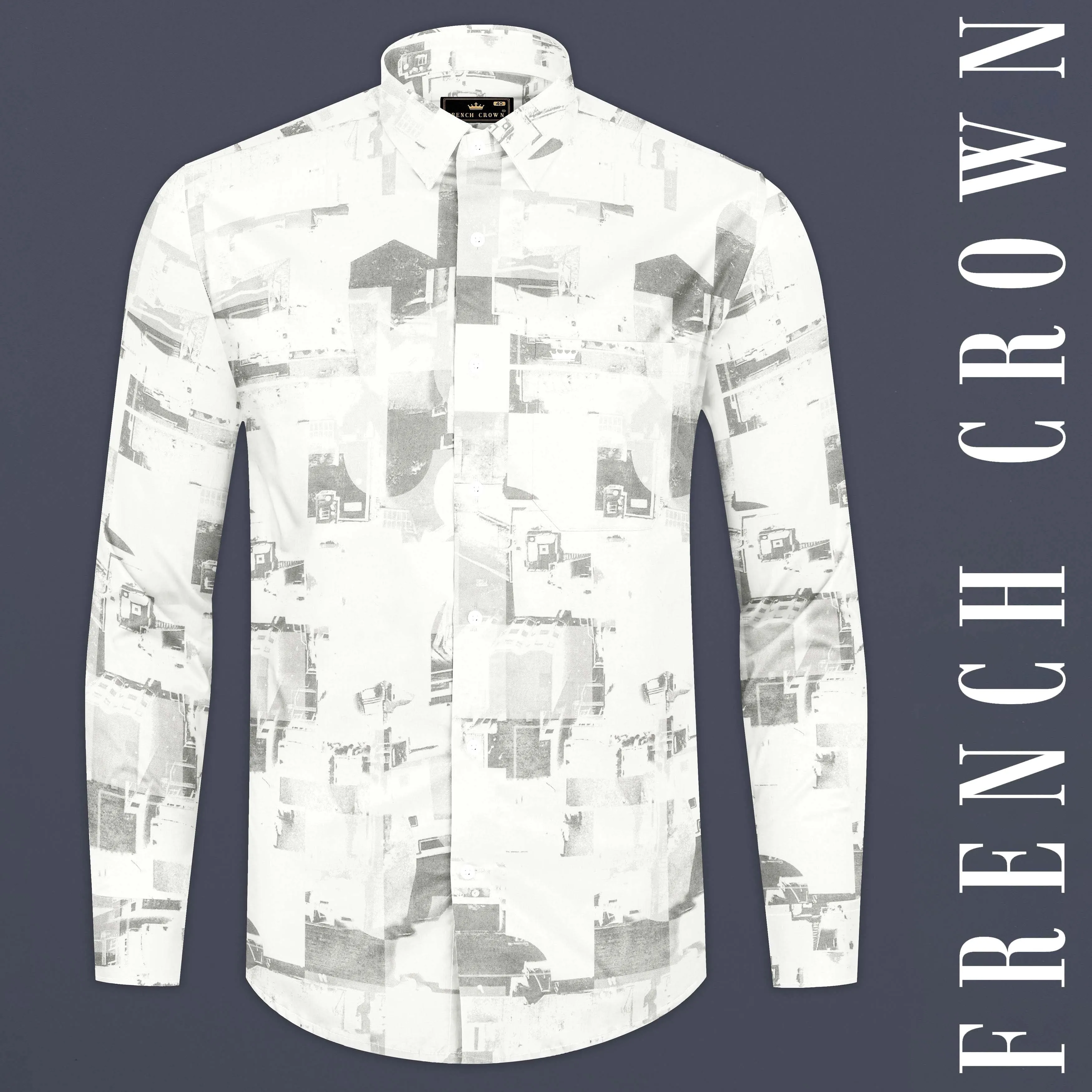 Bright White And Flint Gray Abstract Printed Subtle Sheen Super Soft Premium Cotton Shirt sold by French Crown