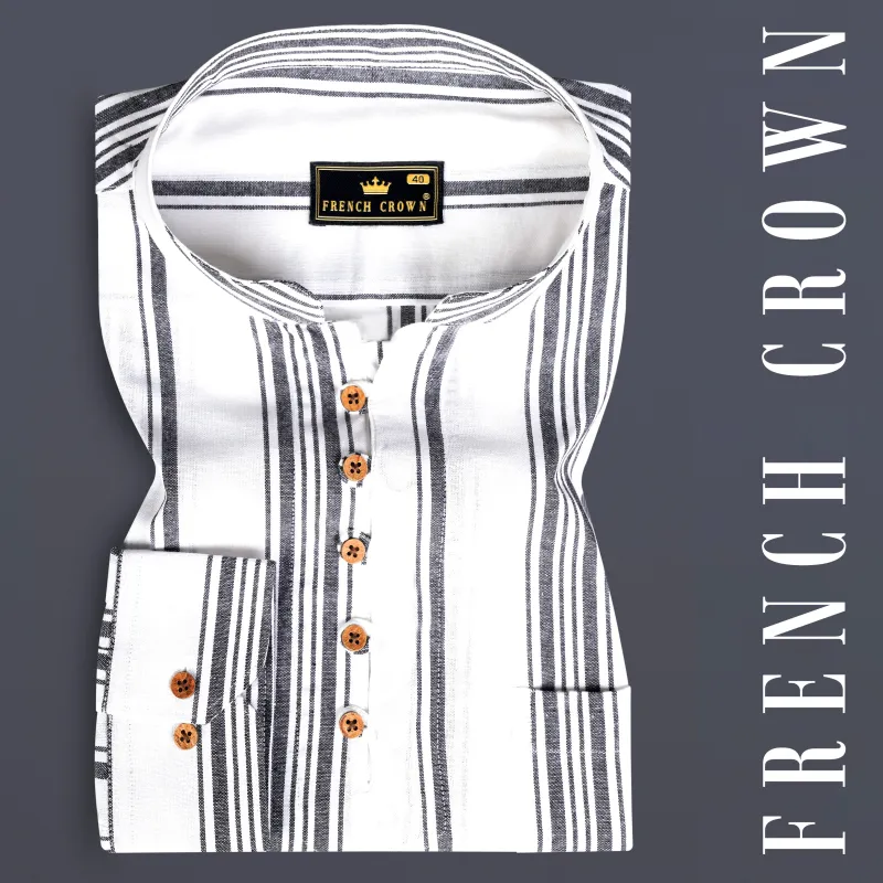 Bright White And Abbey Gray Striped Oxford Premium Cotton Kurta Shirt sold by French Crown