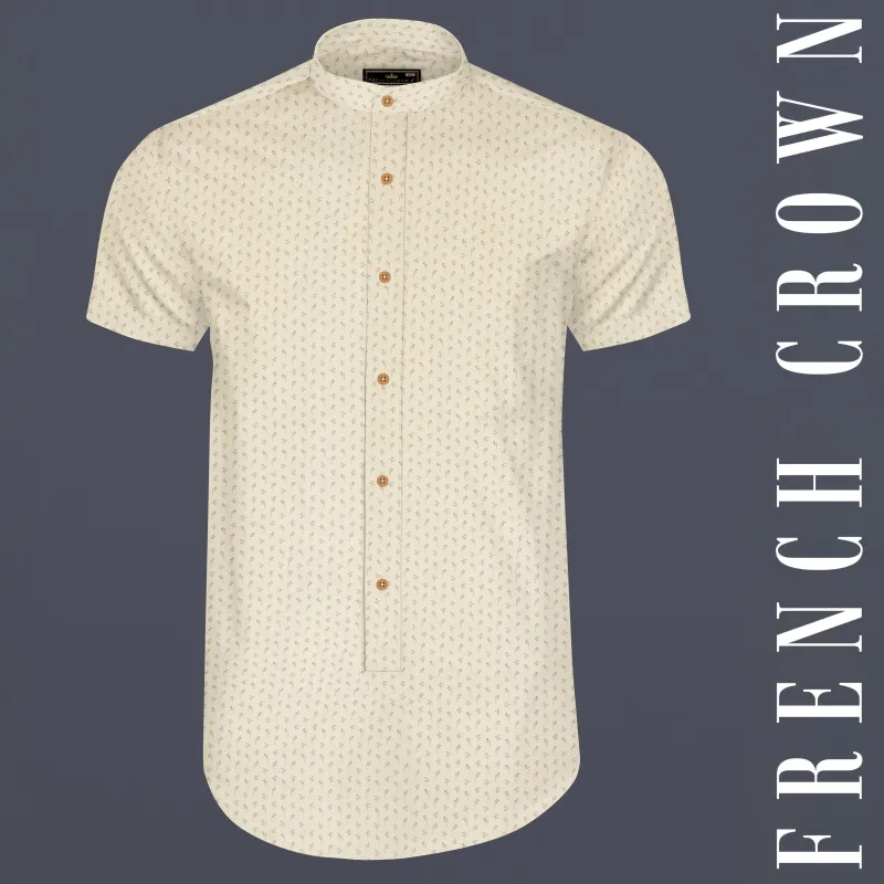 Bone Cream Mini Leaves Printed Giza Cotton Designer Shirt sold by French Crown