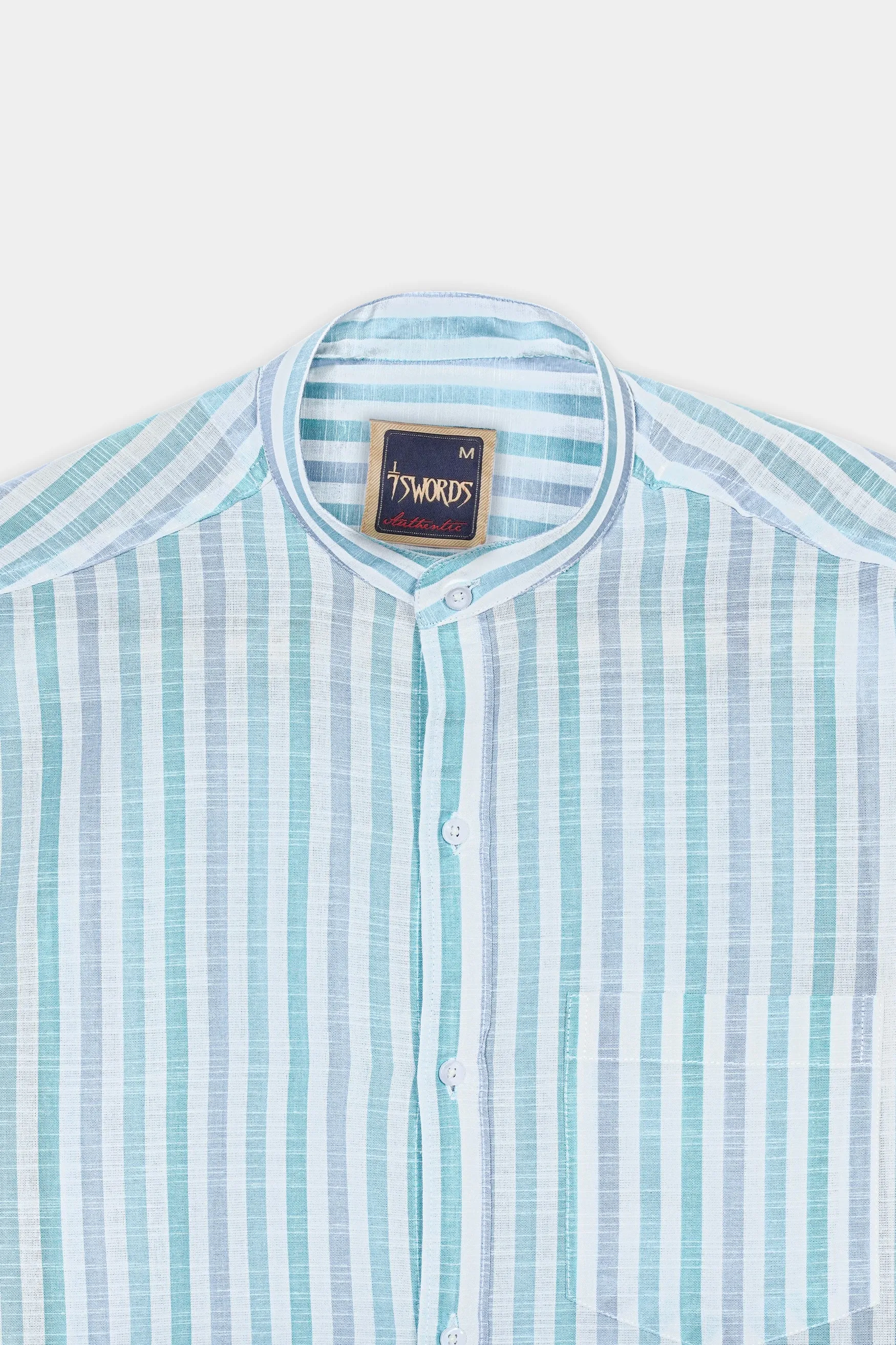 7swords-Bright White with Cascade Green and Yonder Blue Striped Premium Cotton Shirt sold by French Crown product image thumbnail 4