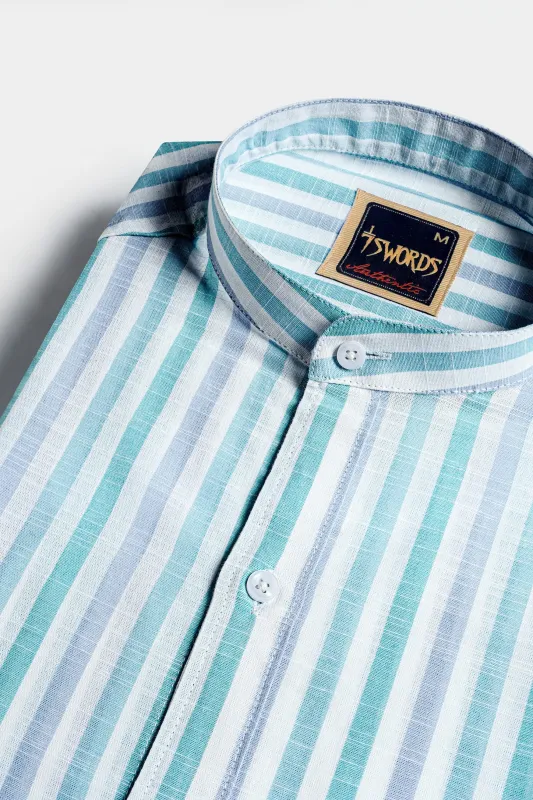 7swords-Bright White with Cascade Green and Yonder Blue Striped Premium Cotton Shirt sold by French Crown