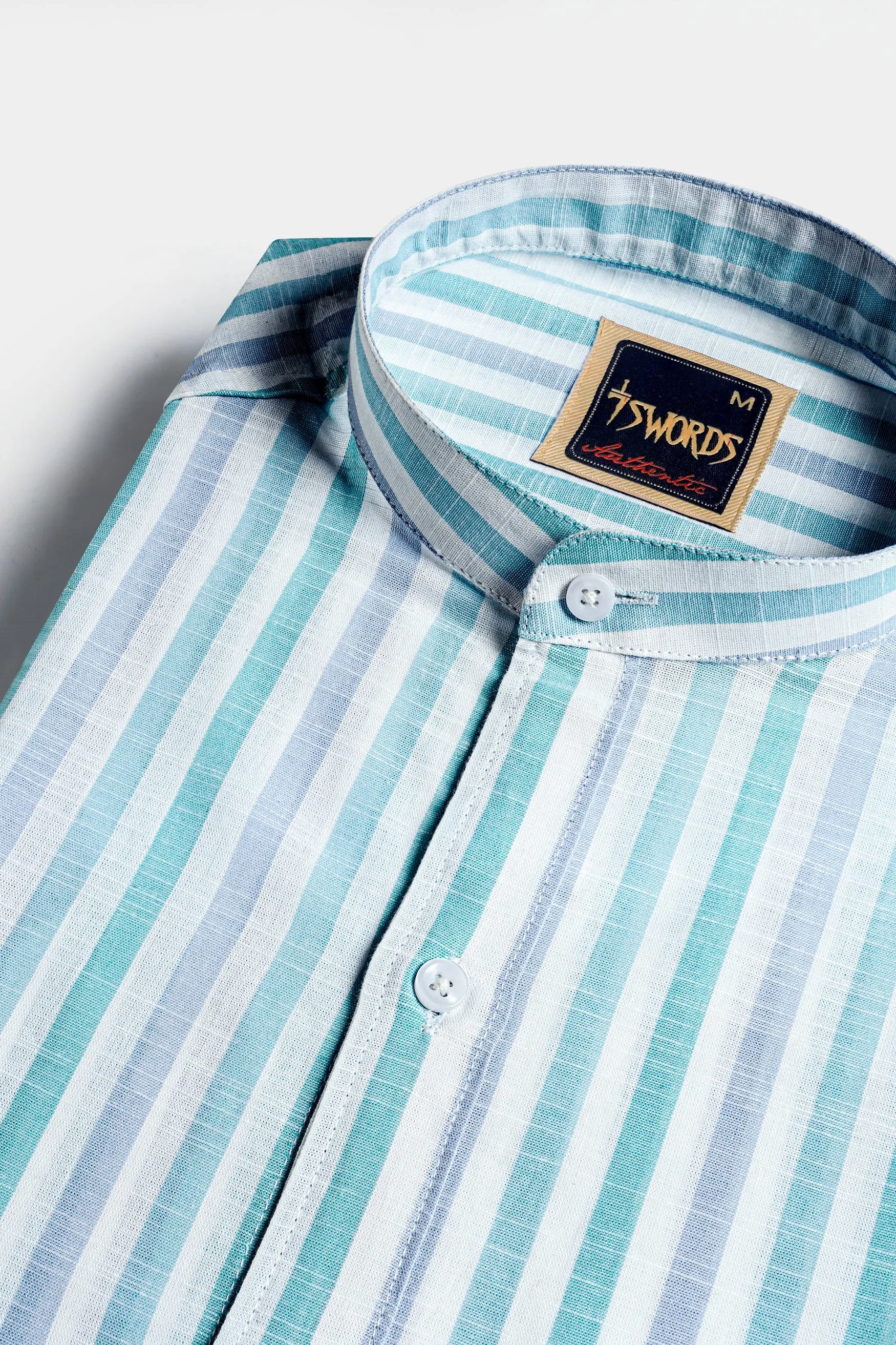 7swords-Bright White with Cascade Green and Yonder Blue Striped Premium Cotton Shirt sold by French Crown