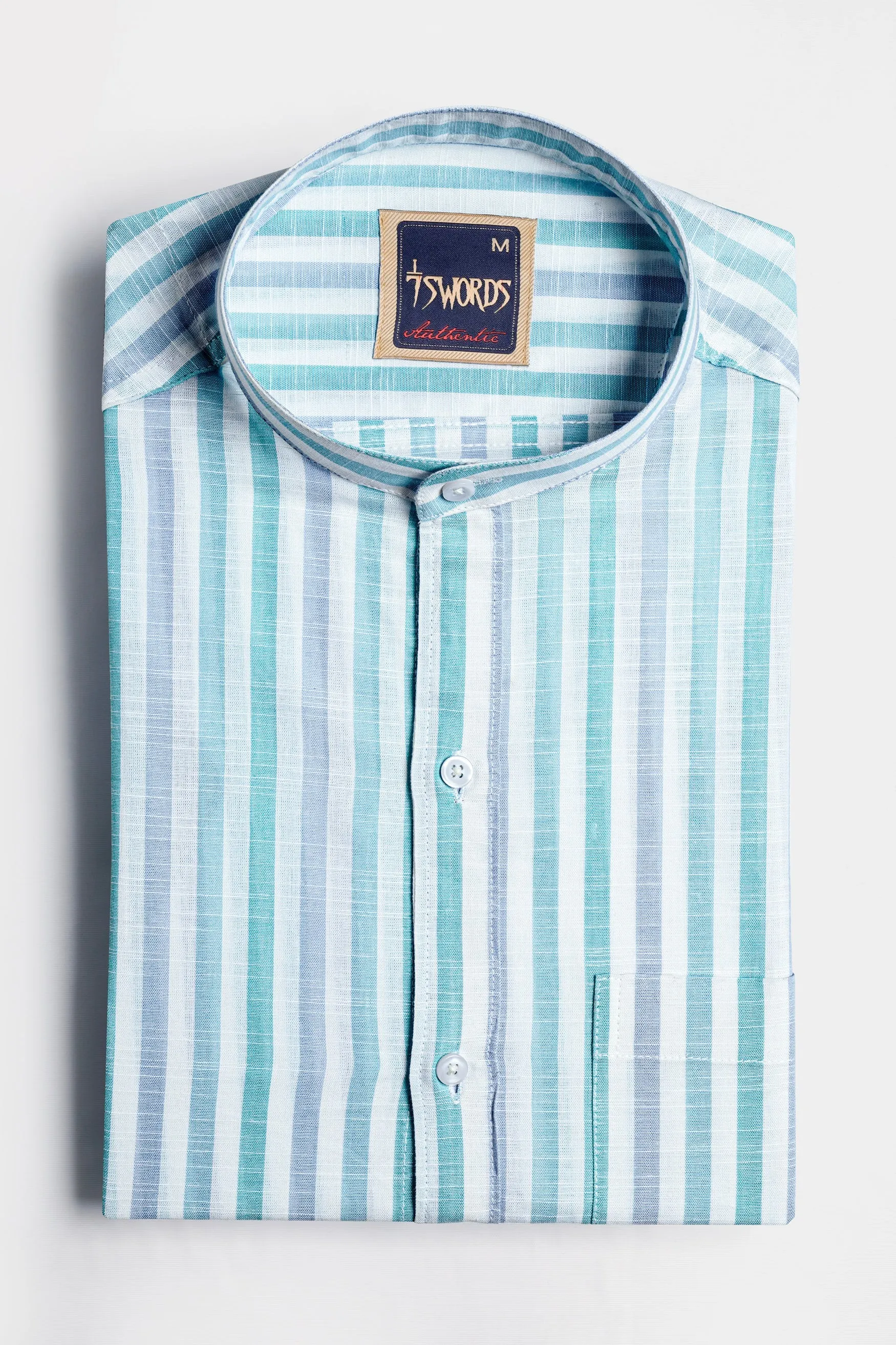 7swords-Bright White with Cascade Green and Yonder Blue Striped Premium Cotton Shirt sold by French Crown product image thumbnail 3