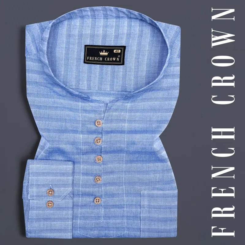 Wild Blue Horizontal blue shadow striped Textured Dobby Kurta Shirt sold by French Crown