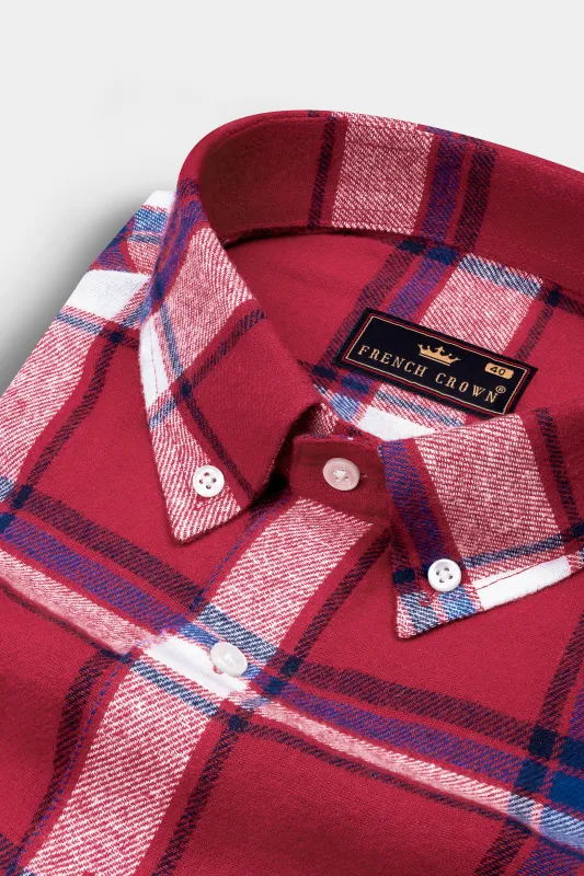 Vivid Auburn Red with Downriver Blue and White Plaid Flannel shirt sold by French Crown