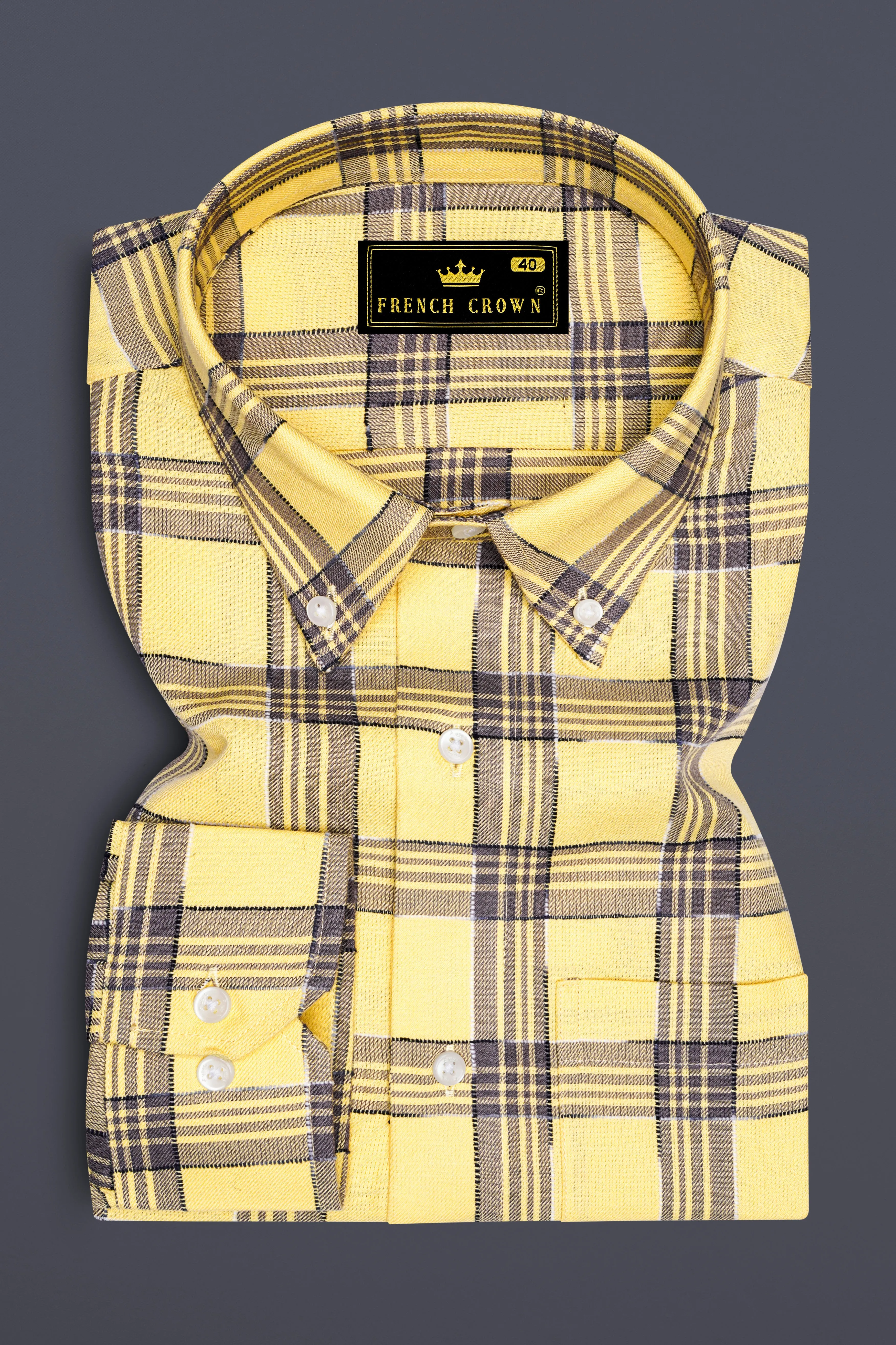 Maize Yellow And Dolphin Gray Checked Dobby Textured Premium Giza Cotton Shirt sold by French Crown product image thumbnail 4