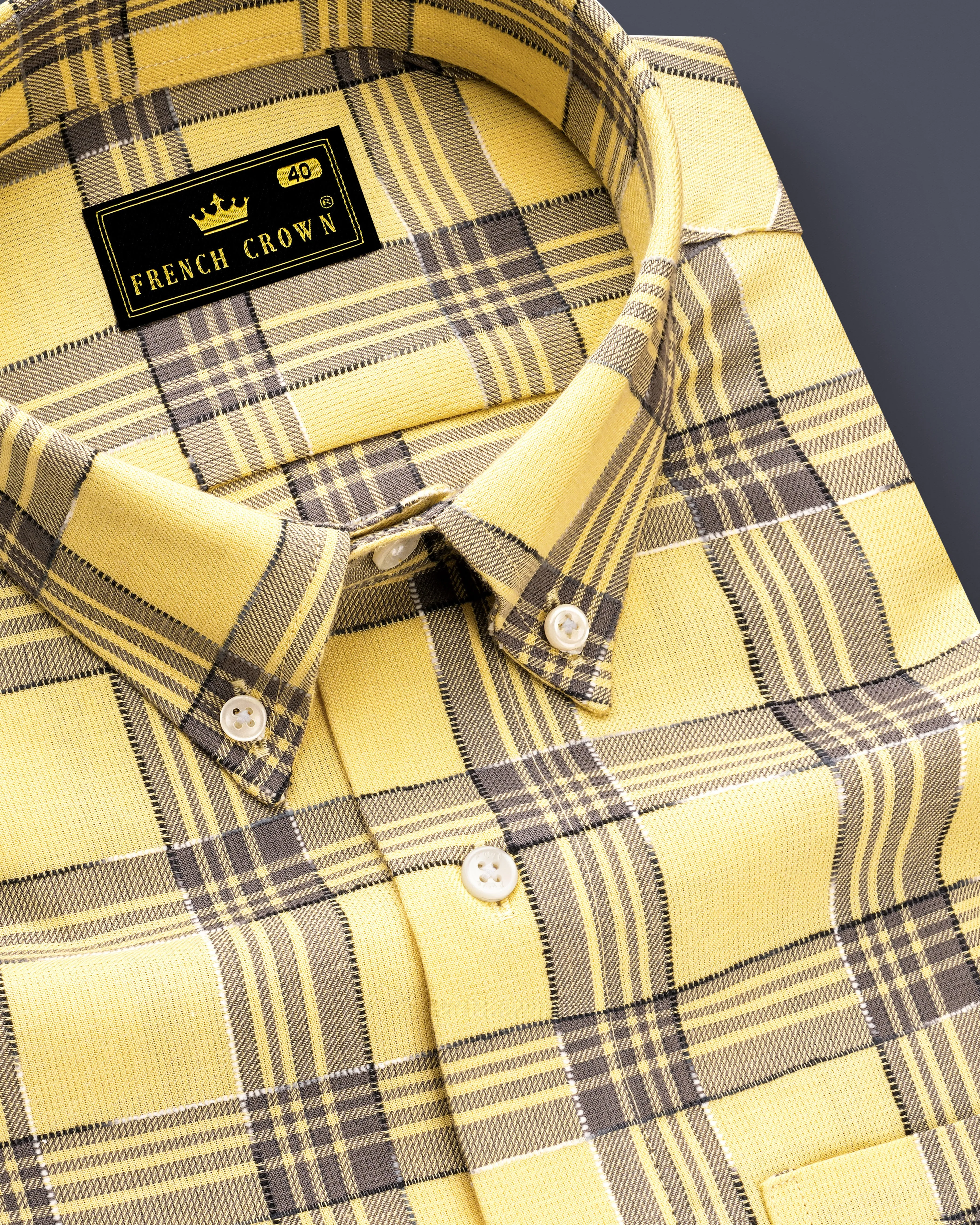 Maize Yellow And Dolphin Gray Checked Dobby Textured Premium Giza Cotton Shirt sold by French Crown