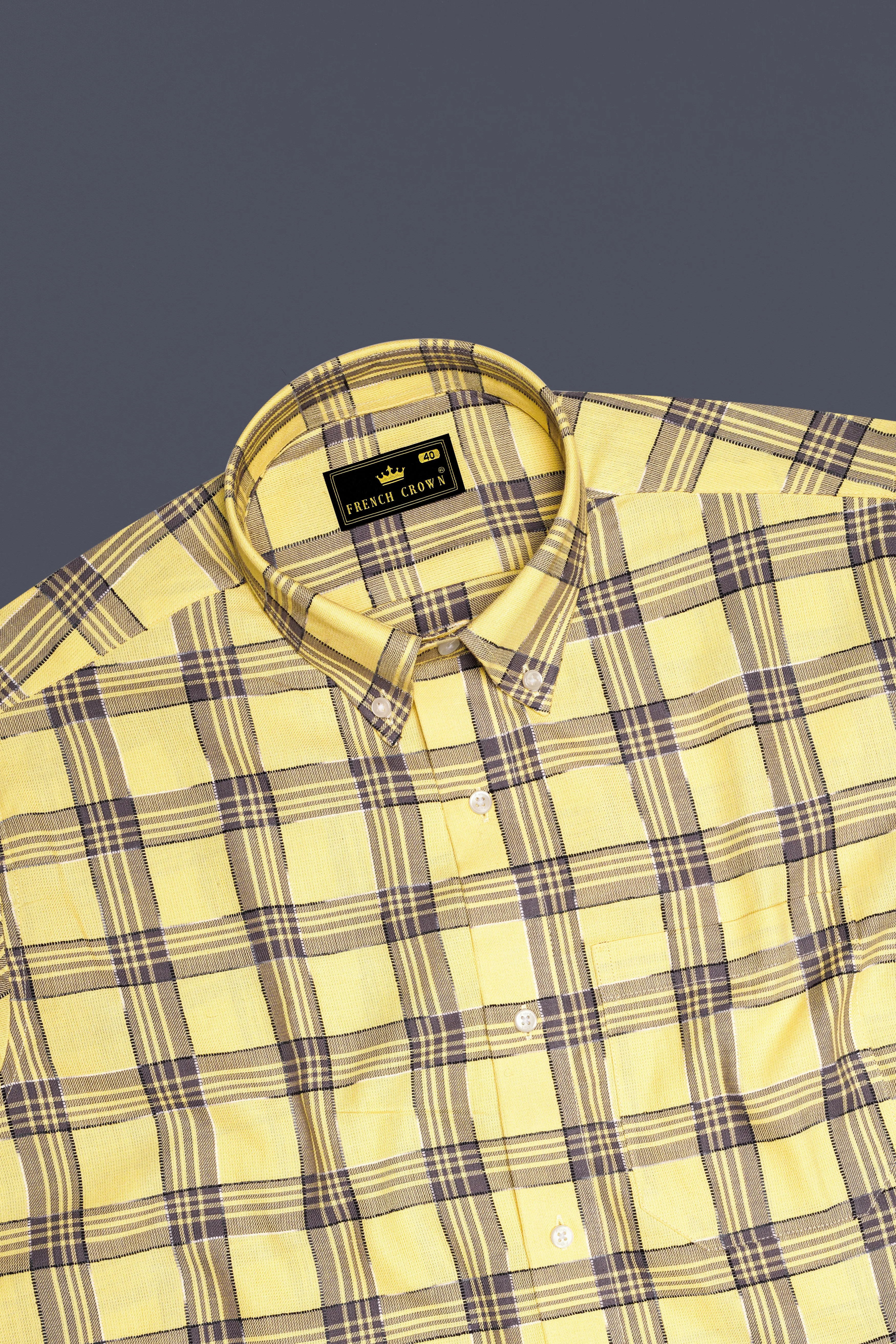 Maize Yellow And Dolphin Gray Checked Dobby Textured Premium Giza Cotton Shirt sold by French Crown product image thumbnail 5
