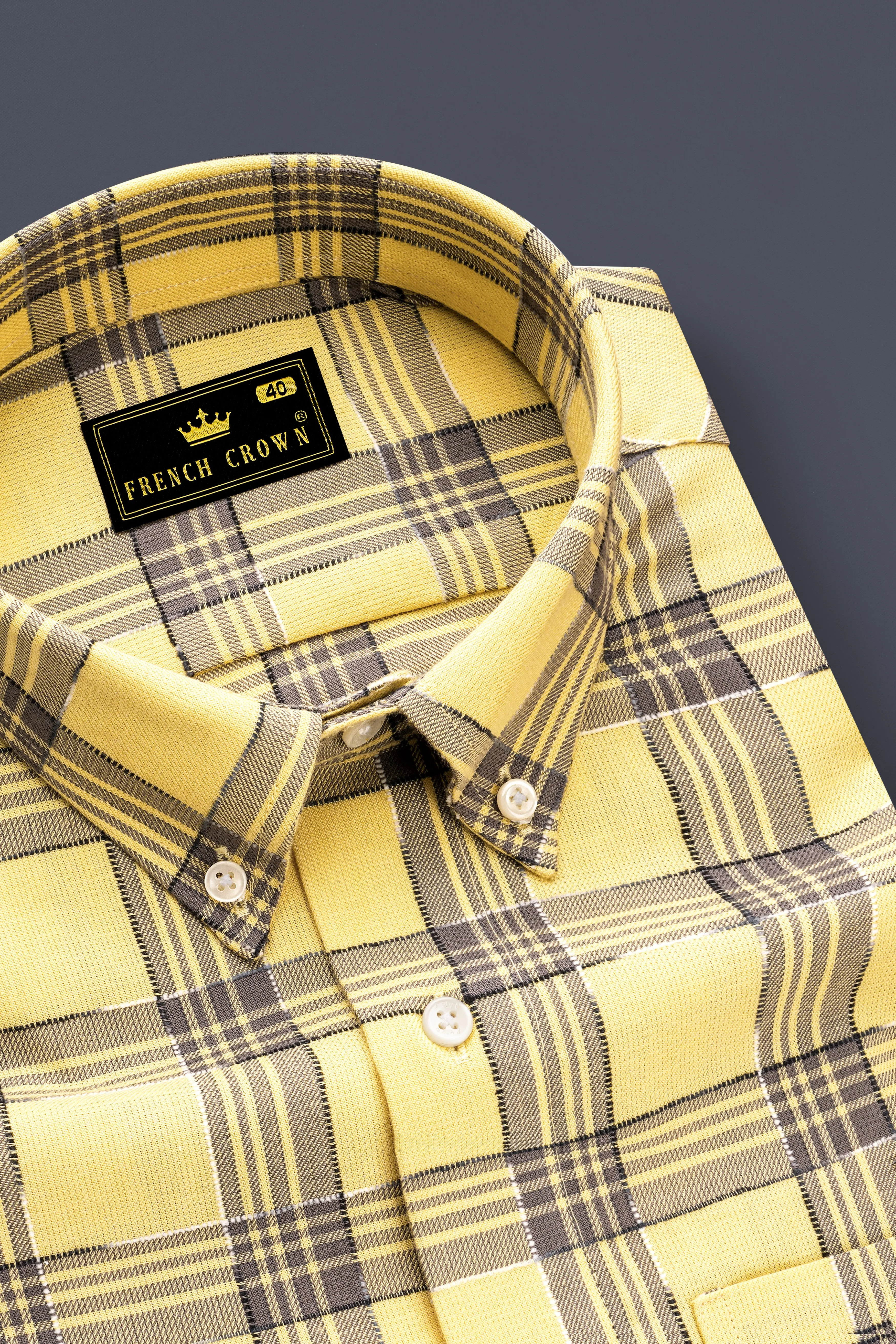 Maize Yellow And Dolphin Gray Checked Dobby Textured Premium Giza Cotton Shirt sold by French Crown product image thumbnail 2